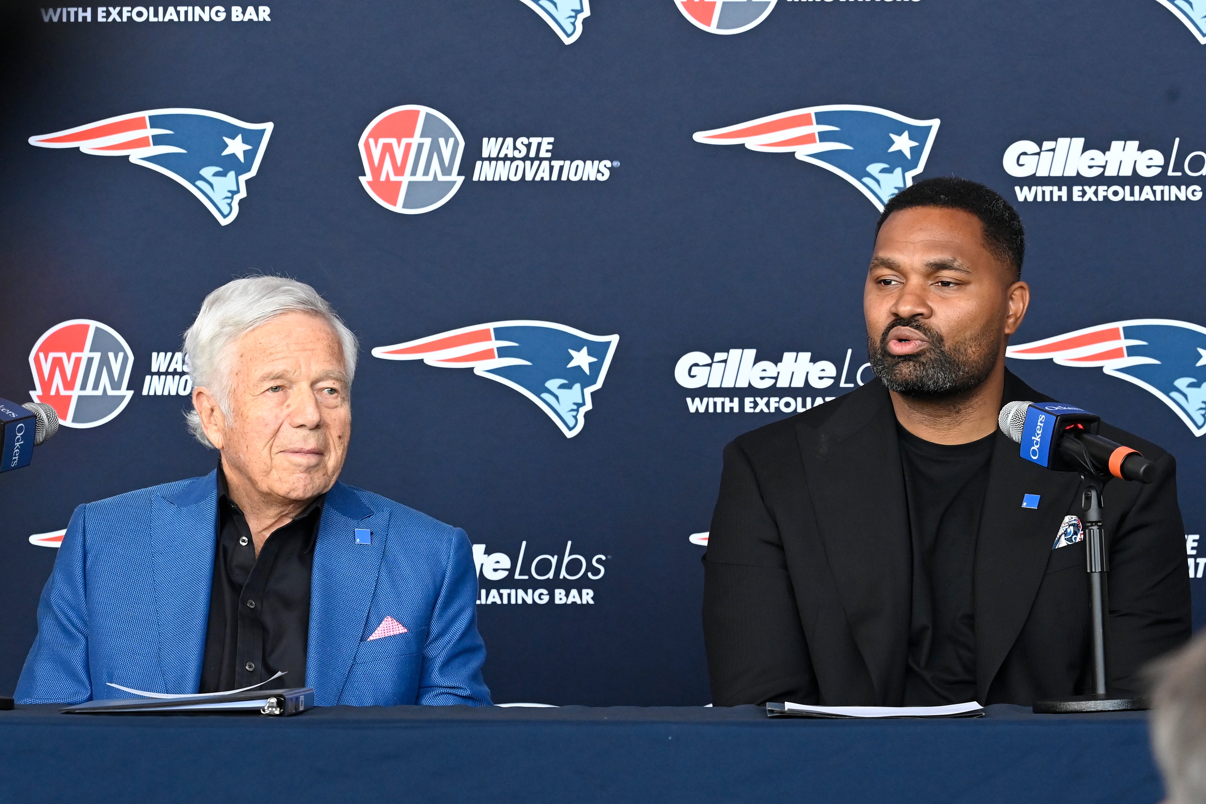 New England Patriots head coach Jerod Mayo addresses media at a press conference announcing his hiring as the team's head coach at Gillette Stadium.