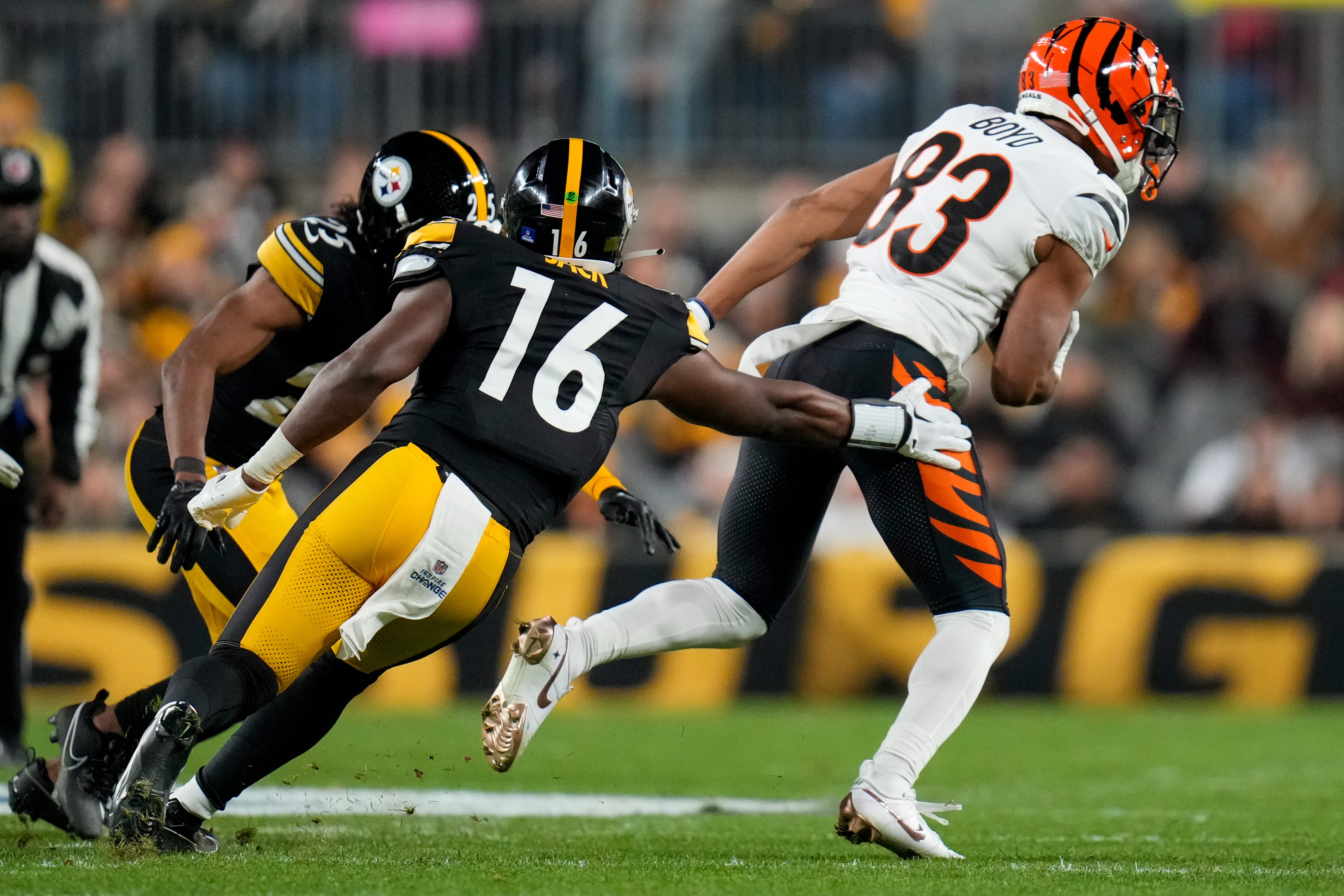 Cincinnati Bengals wide receiver Tyler Boyd (83) spins away with a reception in the second quarter of the NFL 16 game between the Pittsburgh Steelers and the Cincinnati Bengals at Acrisure Stadium in Pittsburgh on Saturday, Dec. 23, 2023. The Steelers led 24-0 at halftime.