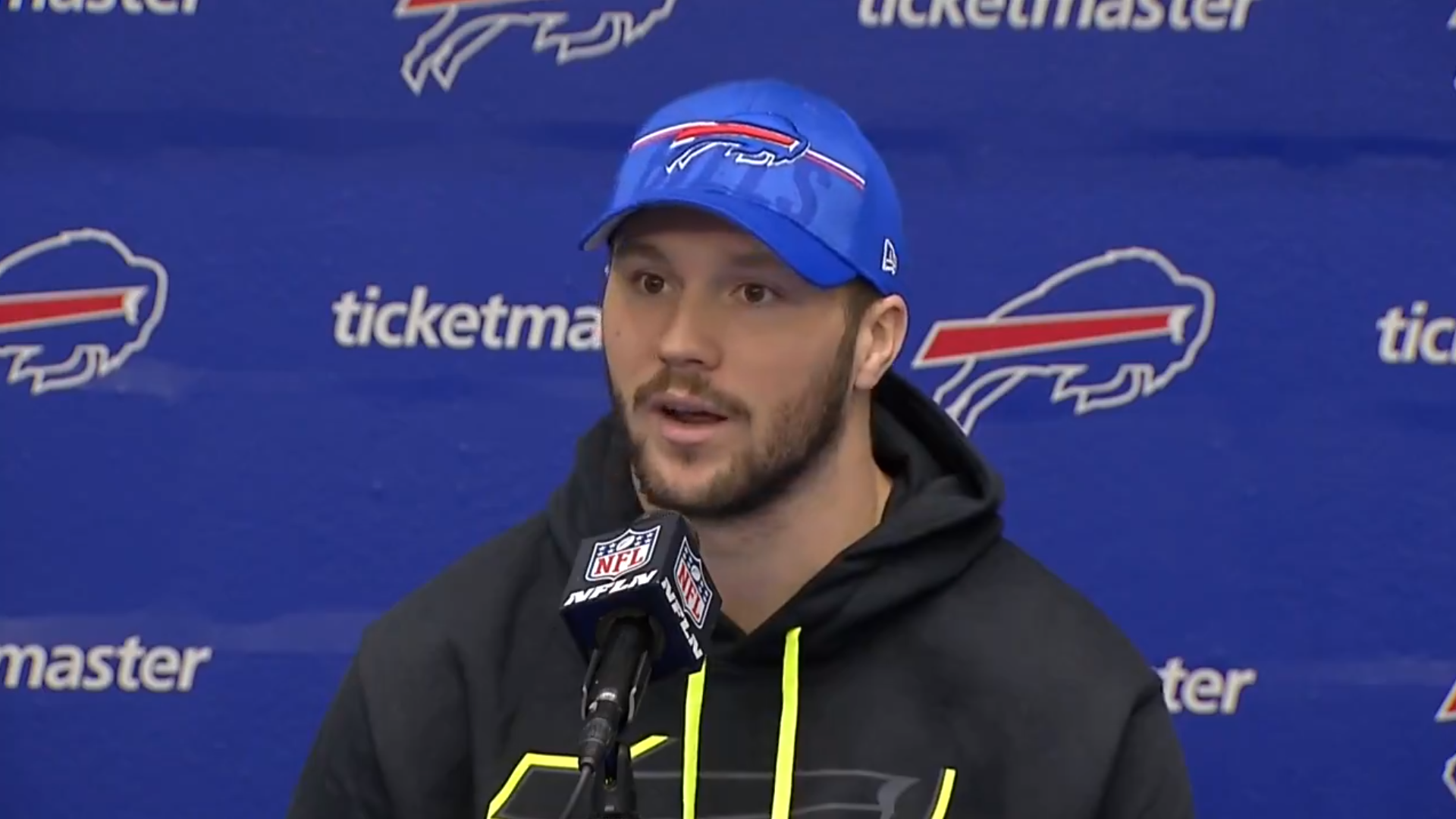 Josh Allen talks to reporters day after playoff loss to Kansas City Chiefs.