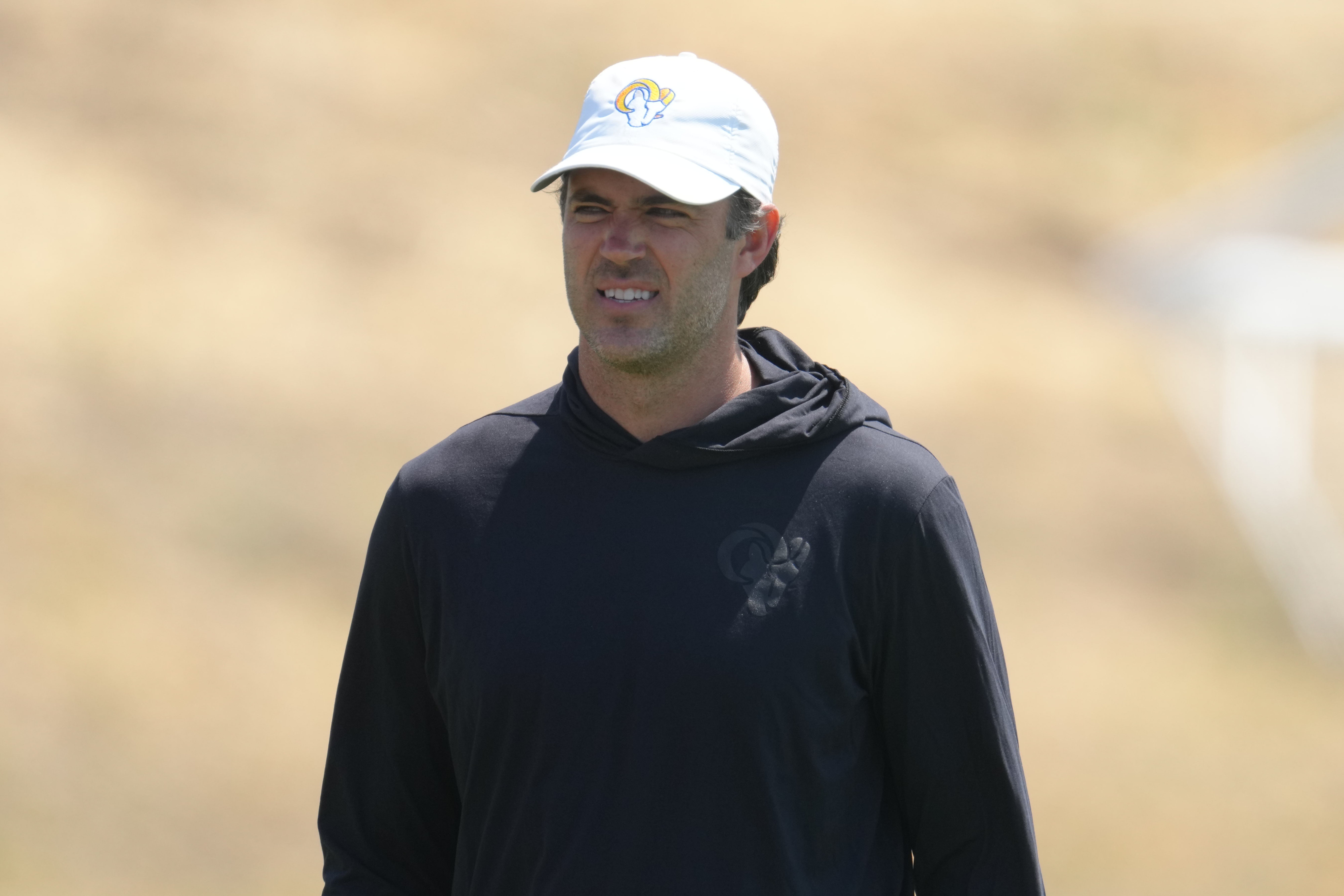 Jun 3, 2022; Thousand Oaks, CA, USA; Los Angeles Rams offensive coordinator Zac Robinson during organized team activities at California Lutheran University. Mandatory Credit: Kirby Lee-USA TODAY Sports  