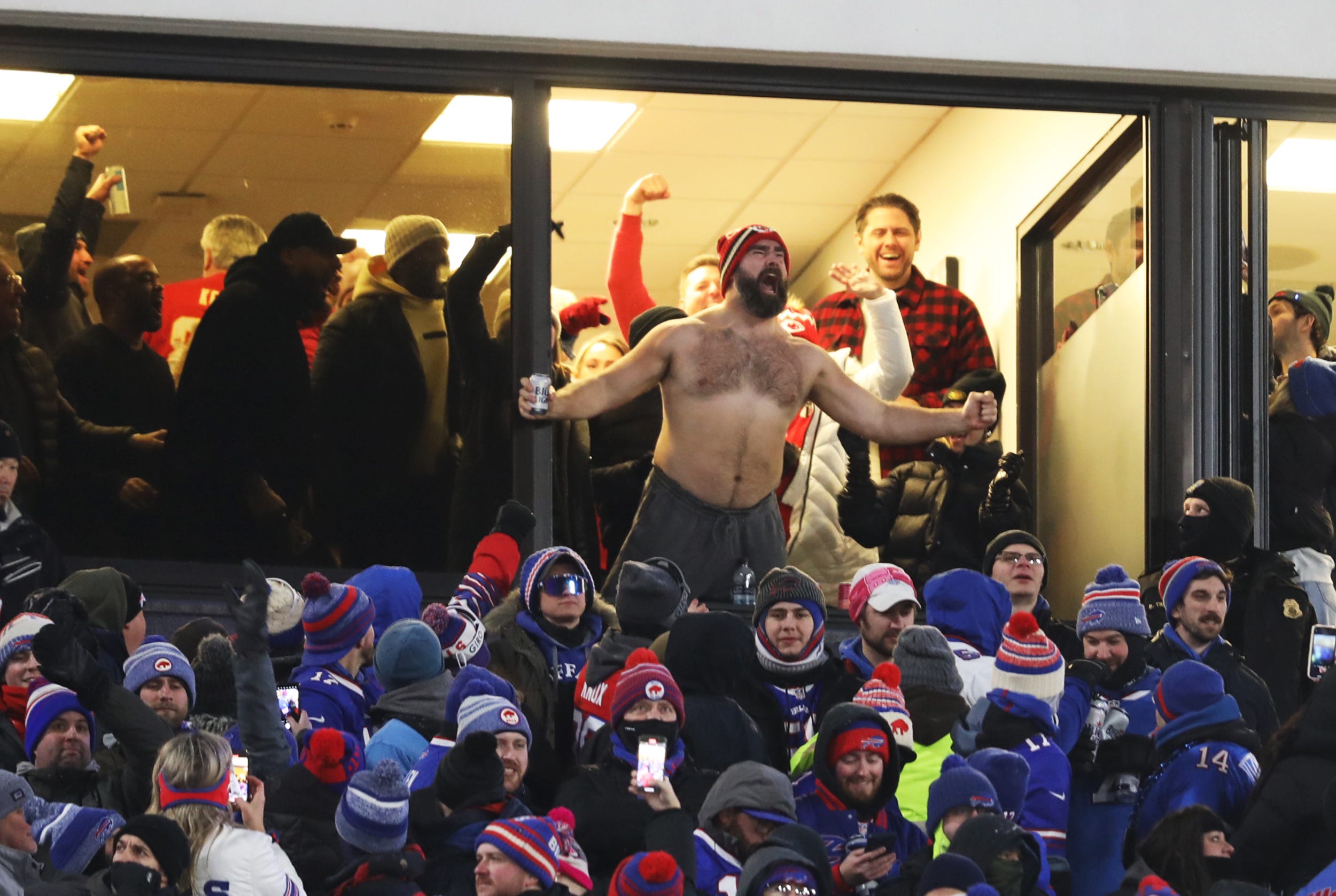 Philadelphia Eagles Jason Kelce cheers after his brother, Kansas City Chiefs' Travis Kelce scores a touchdown.