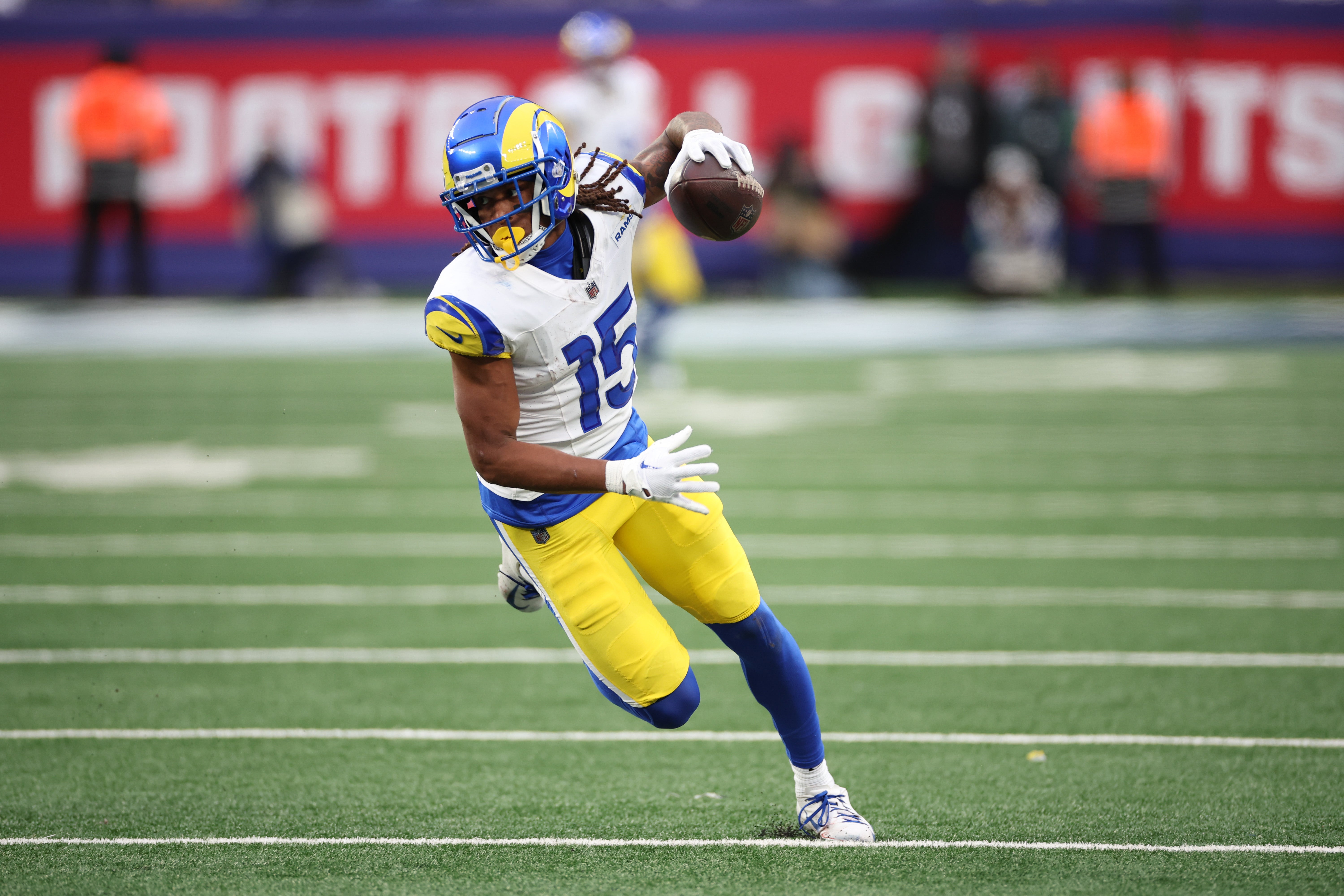 Dec 31, 2023; East Rutherford, New Jersey, USA; Los Angeles Rams wide receiver Demarcus Robinson (15) gains yards after a catch during the second half against the New York Giants at MetLife Stadium. Mandatory Credit: Vincent Carchietta-USA TODAY Sports