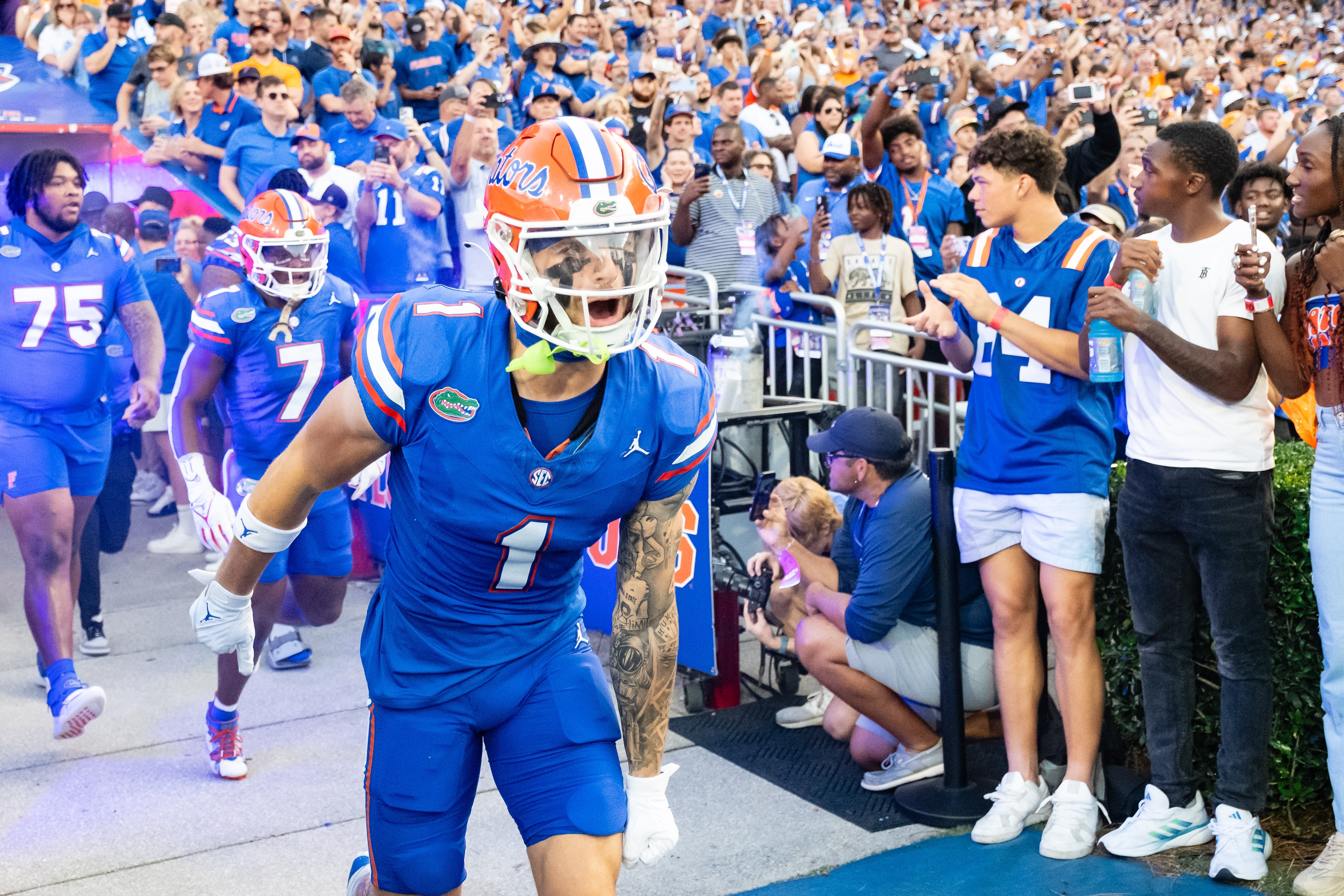 Sep 16, 2023; Gainesville, Florida, USA; Florida Gators wide receiver Ricky Pearsall (1) enters Ben Hill Griffin Stadium before the game between the Florida Gators and Tennessee Volunteers. Mandatory Credit: Chris Watkins-USA TODAY Sports