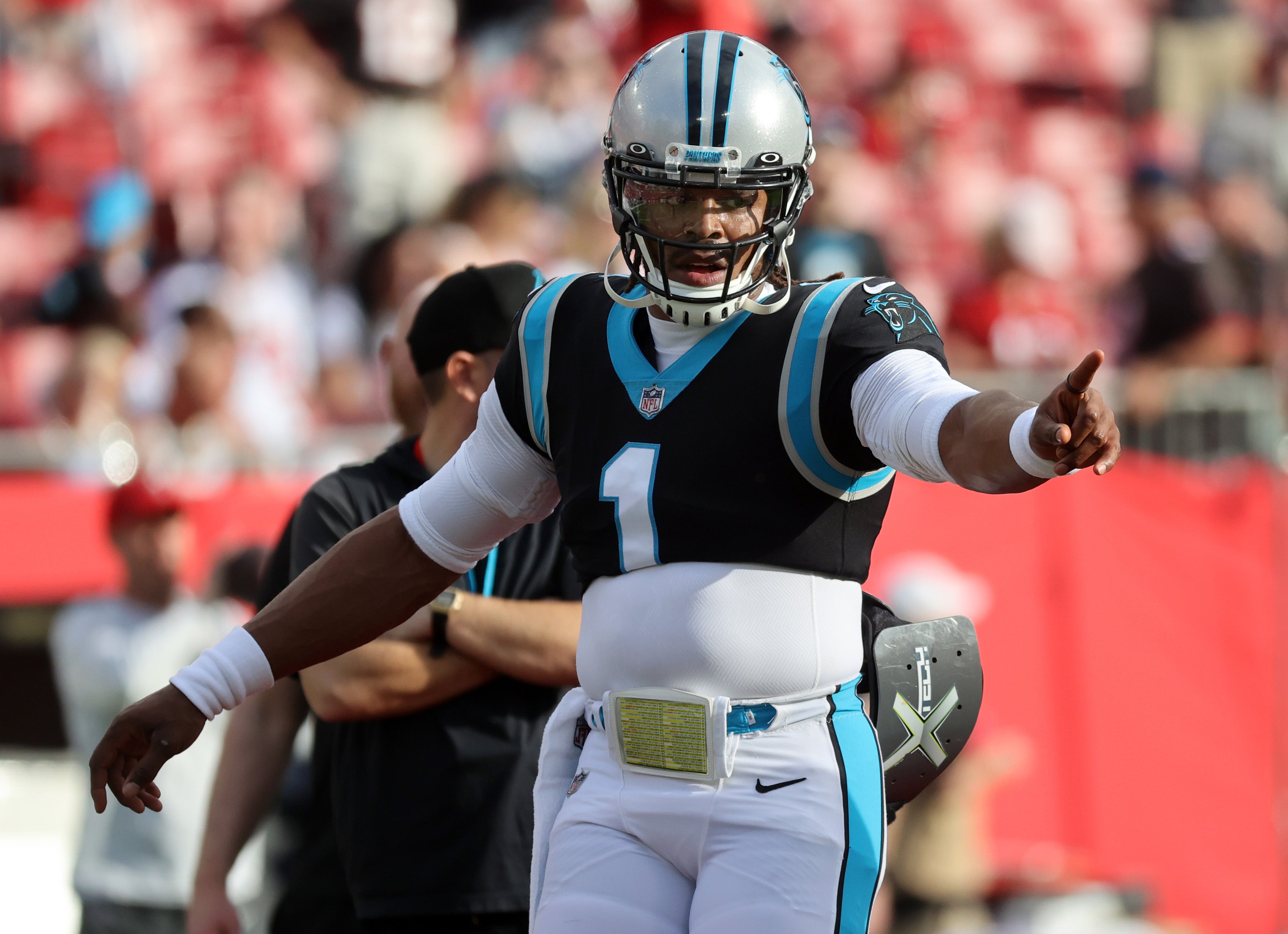 Jan 9, 2022; Tampa, Florida, USA;Carolina Panthers quarterback Cam Newton (1) against the Tampa Bay Buccaneers prior to the game at Raymond James Stadium. Mandatory Credit: Kim Klement-USA TODAY Sports