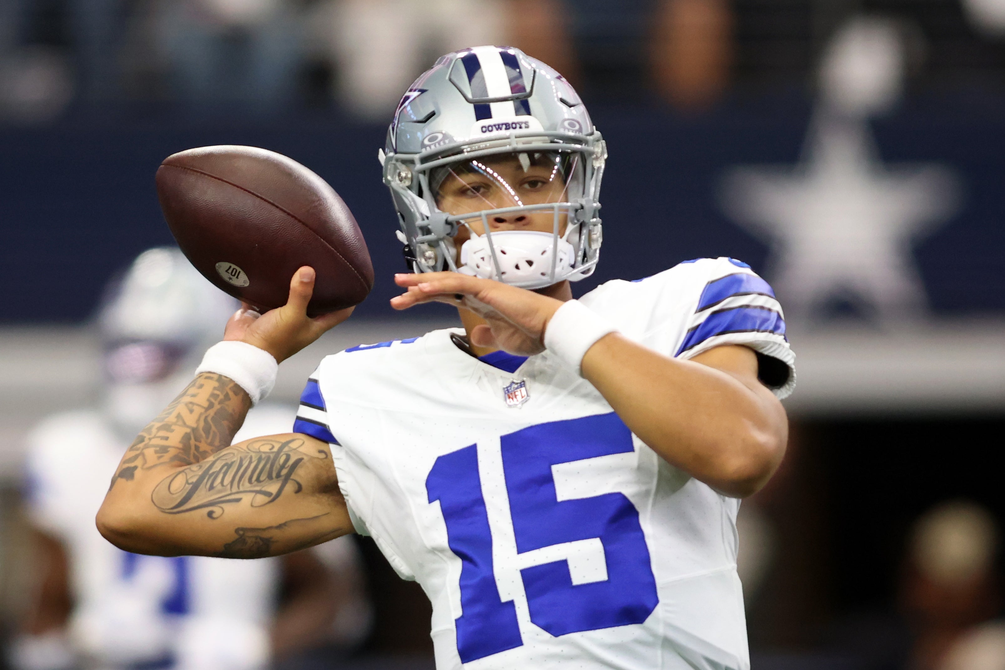 Dallas Cowboys quarterback Trey Lance (15) throws a pass before the game against the New York Jets at AT&T Stadium.