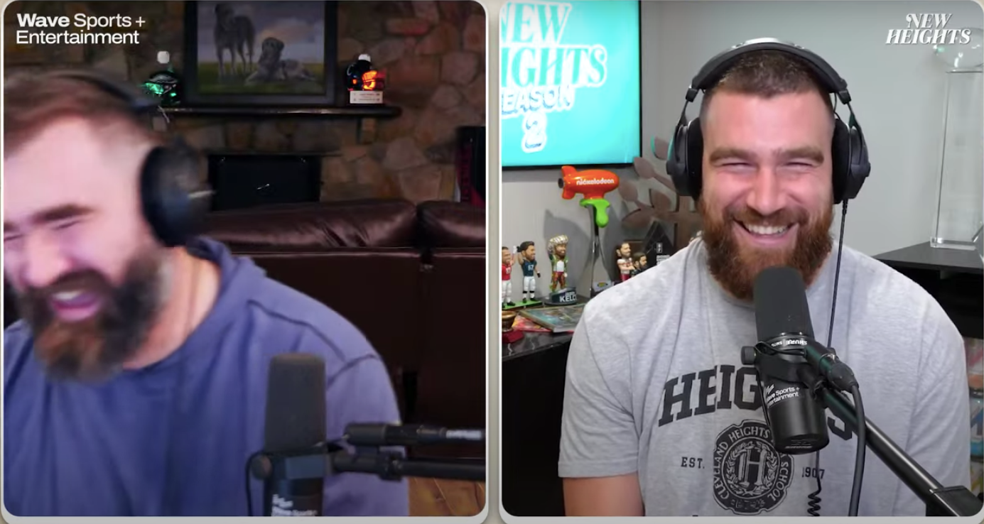 Travis Kelce reveals his and Taylor Swift's reaction to Jason's shirtless celebration on the "New Heights" show.