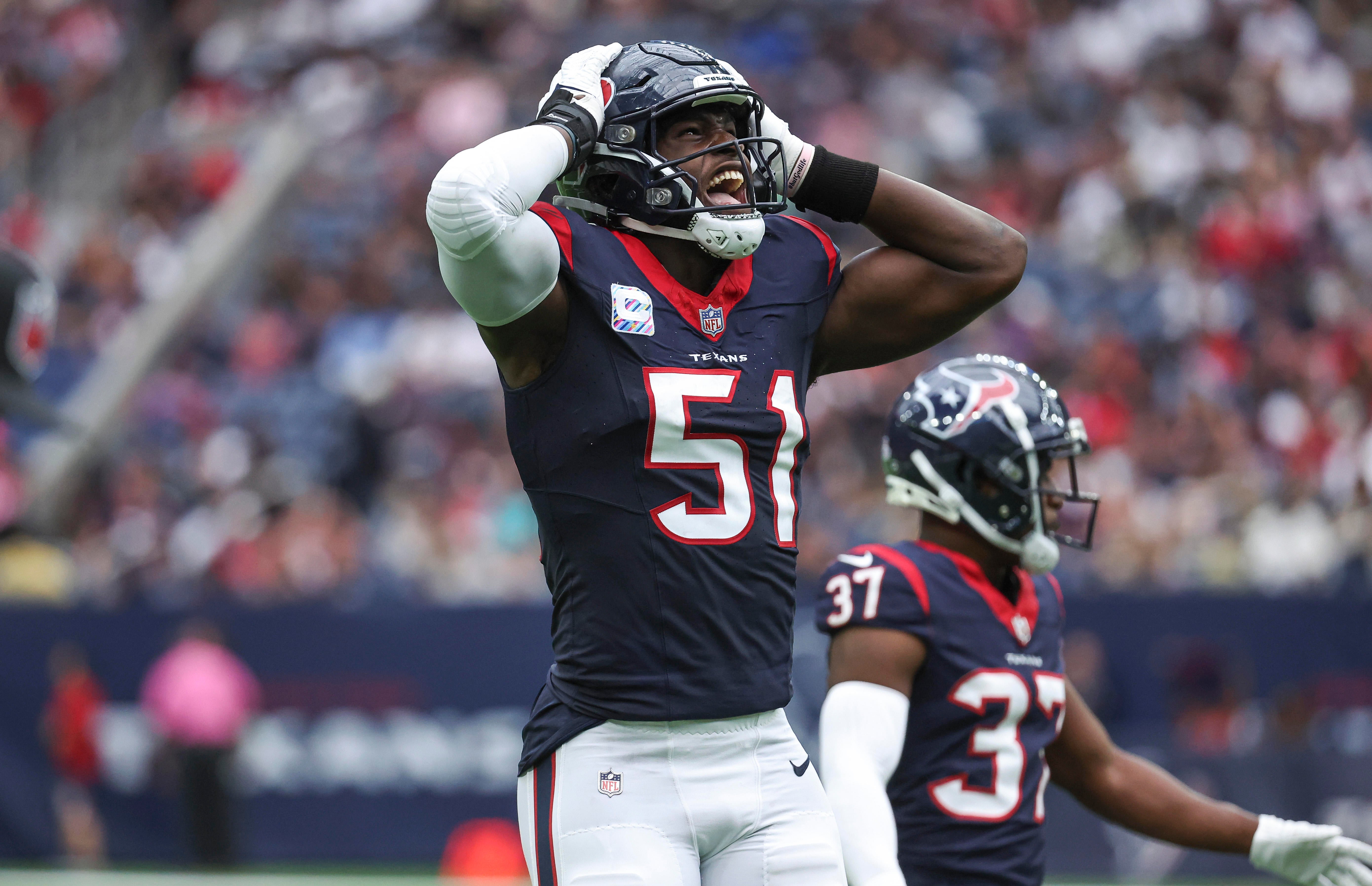 Oct 15, 2023; Houston, Texas, USA; Houston Texans defensive end Will Anderson Jr. (51) reacts after a play during the third quarter against the New Orleans Saints at NRG Stadium.