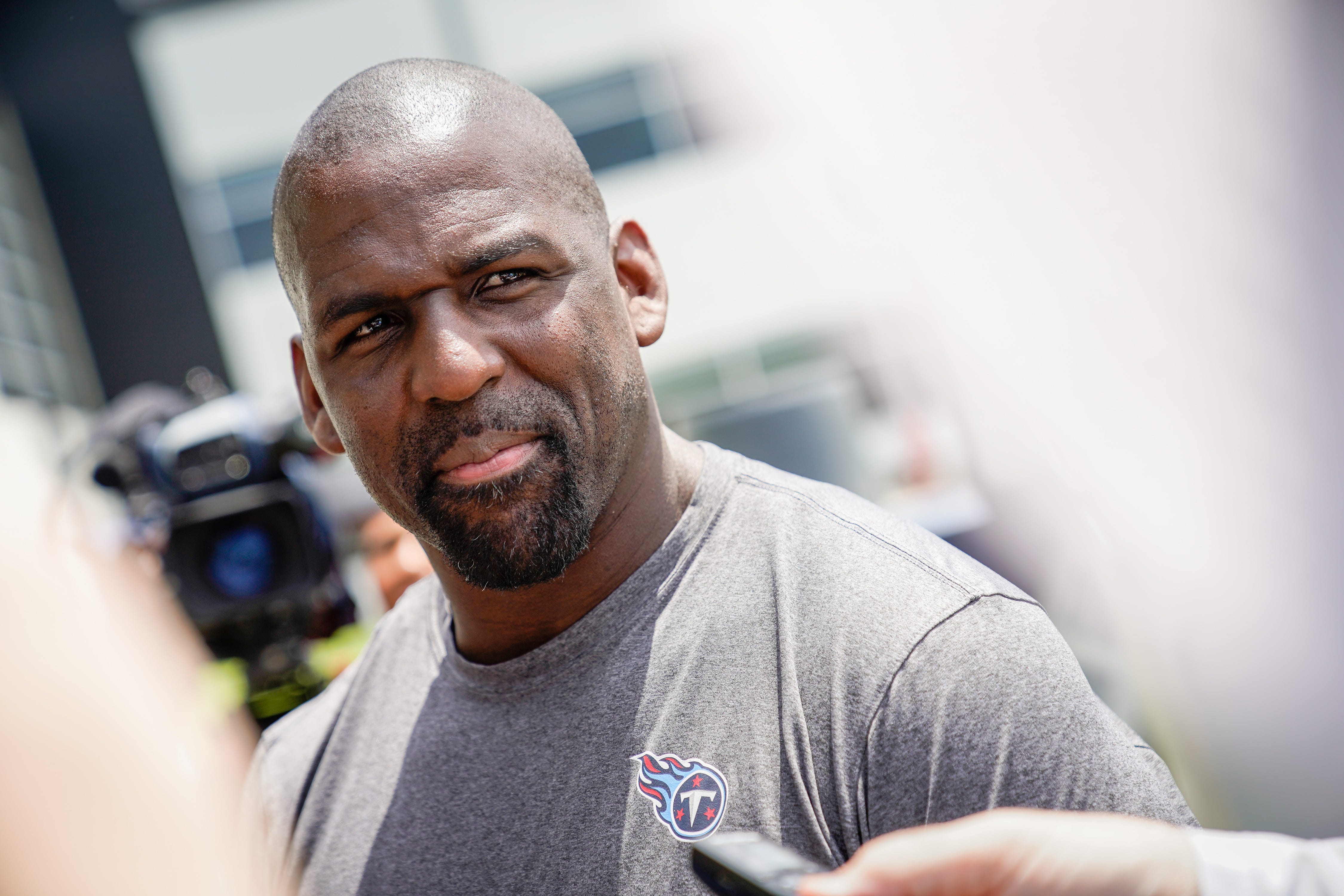 Tennessee Titans defensive pass game coordinator /cornerbacks Chris Harris speaks before an OTA practice at Ascension Saint Thomas Sports Park in Nashville, Tenn., Wednesday, May 31, 2023.