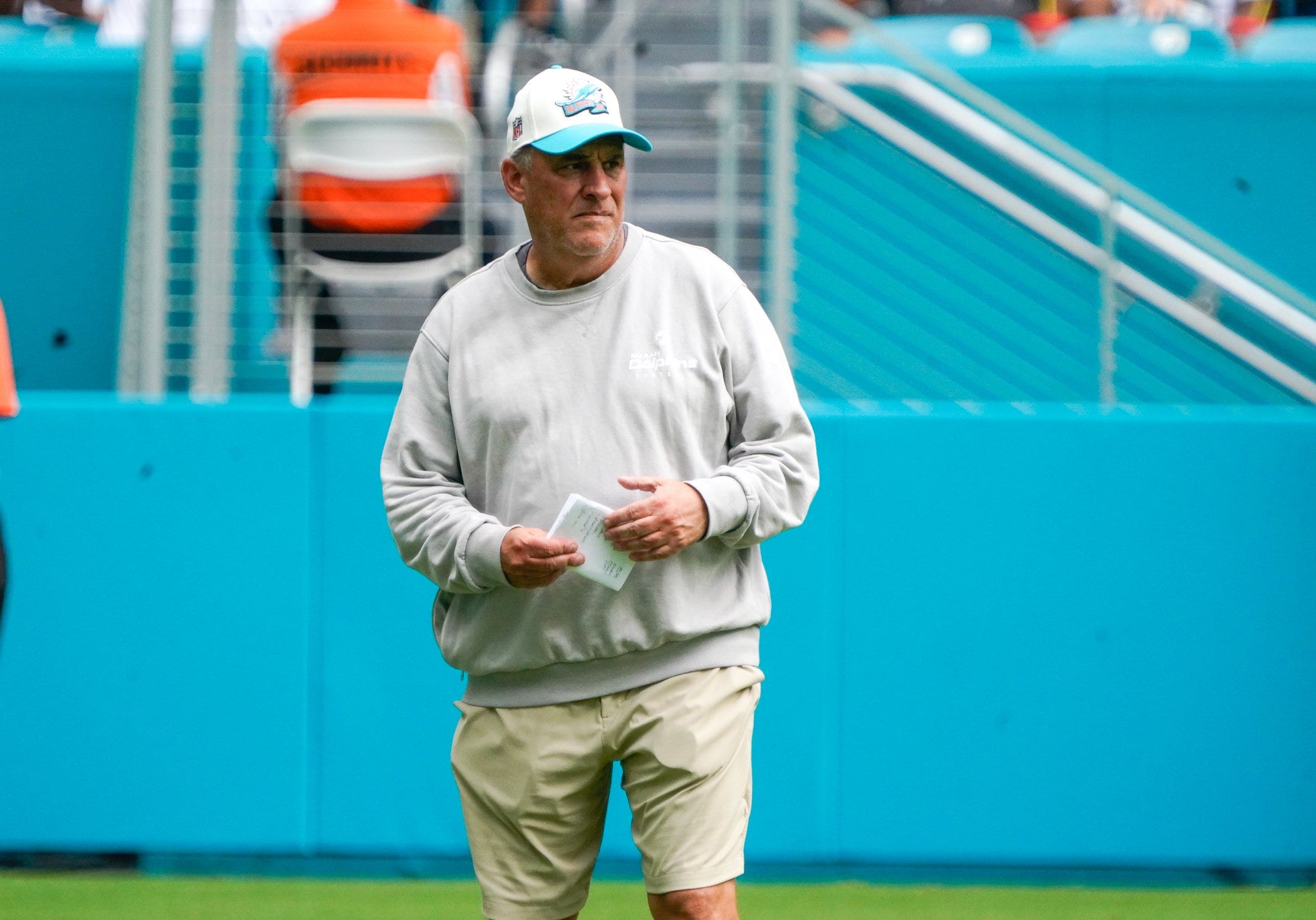Miami Dolphins defensive coordinator Vic Fangio watches the defense during the scrimmage at Hard Rock Stadium