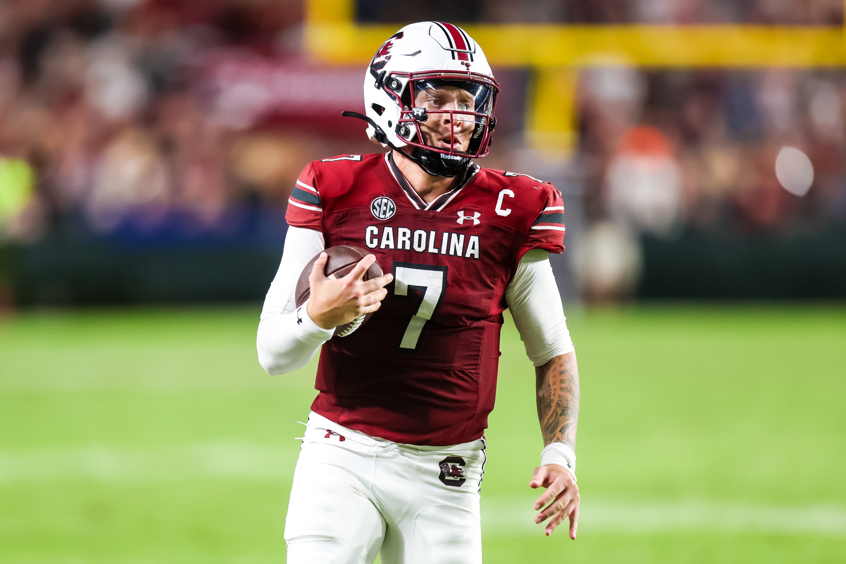 Sep 23, 2023; Columbia, South Carolina, USA; South Carolina Gamecocks quarterback Spencer Rattler (7) scrambles against the Mississippi State Bulldogs in the second half at Williams-Brice Stadium.