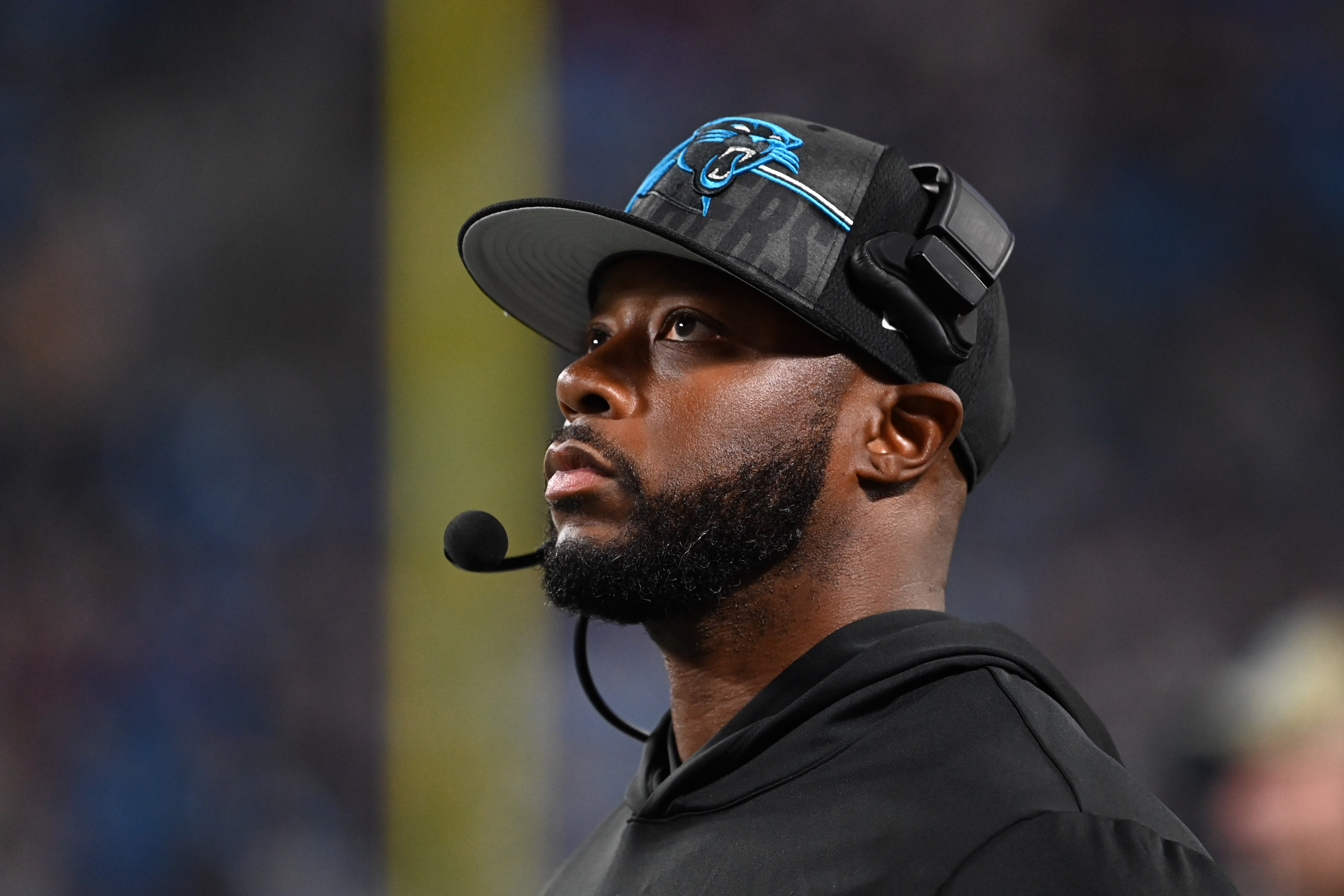 Nov 5, 2023; Charlotte, North Carolina, USA; Carolina Panthers offensive coordinator Thomas Brown on the sidelines in the fourth quarter at Bank of America Stadium. Mandatory Credit: Bob Donnan-USA TODAY Sports