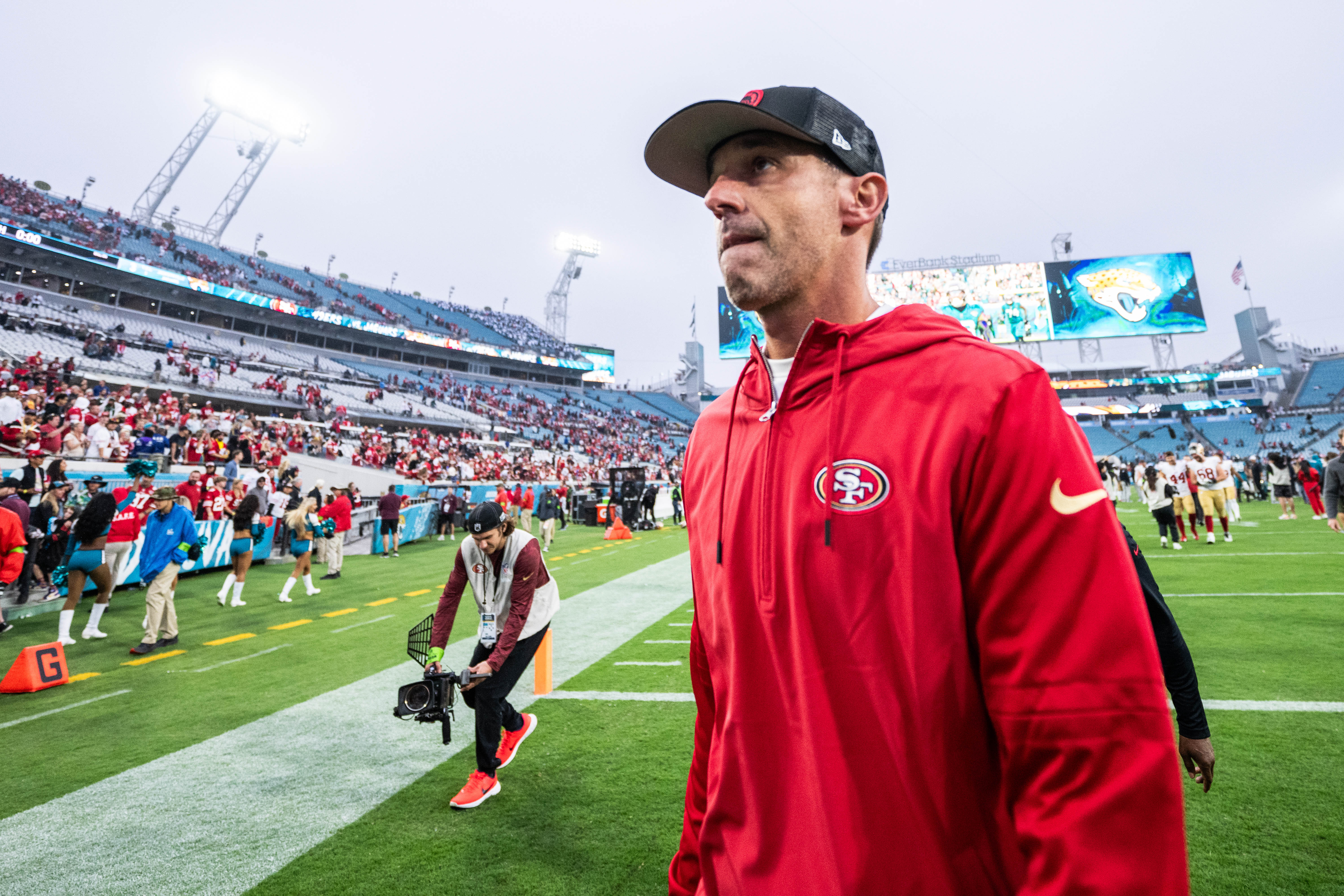 Nov 12, 2023; Jacksonville, Florida, USA; San Fransisco 49ers head coach Kyle Shanahan walks off the field after the win against the Jacksonville Jaguars at EverBank Stadium.