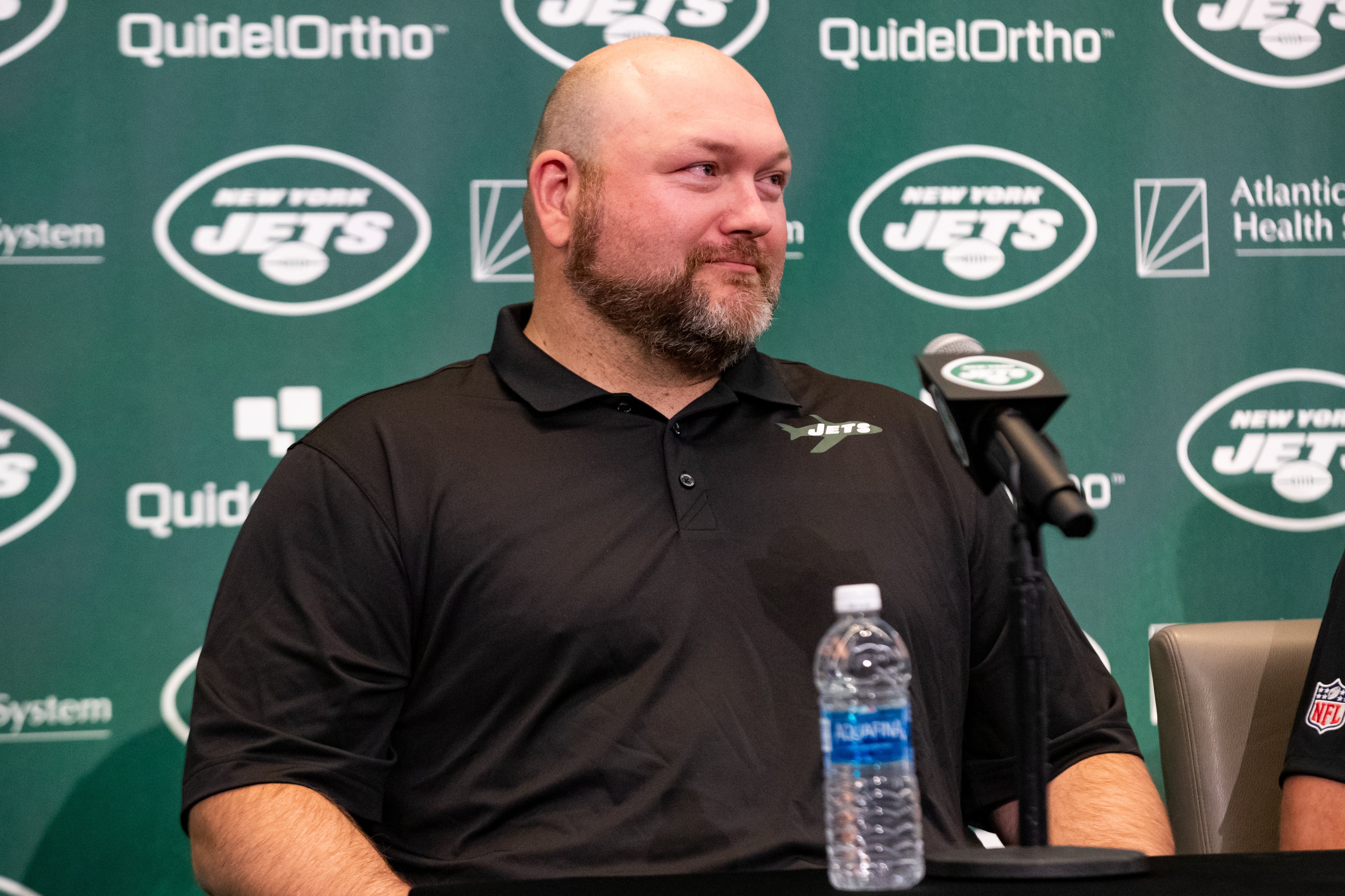 ets general manager Joe Douglas addresses the media during the introductory press conference for quarterback Aaron Rodgers (8) (not pictured) at Atlantic Health Jets Training Center.