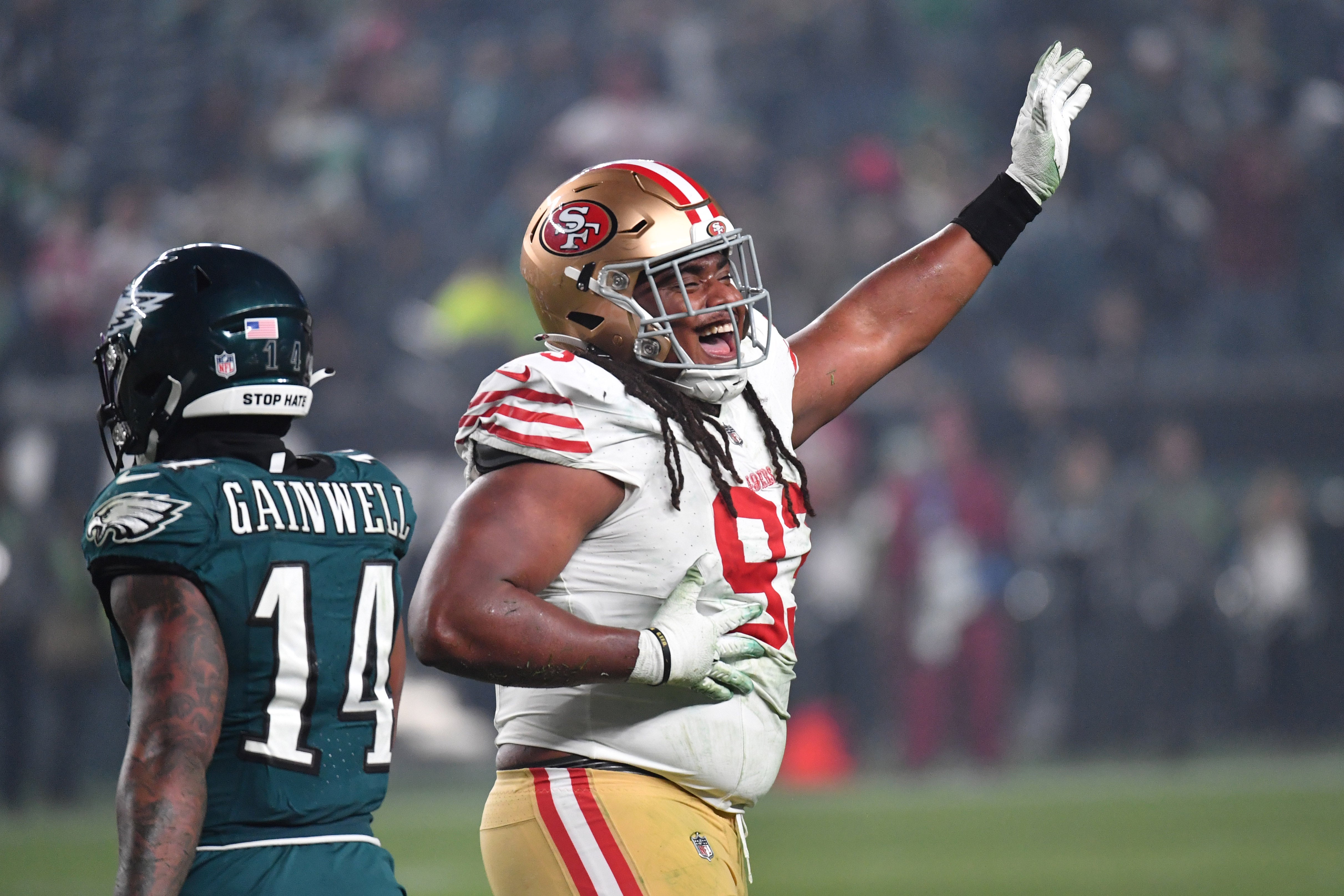Dec 3, 2023; Philadelphia, Pennsylvania, USA; San Francisco 49ers defensive tackle Kalia Davis (93) celebrates his sack against the Philadelphia Eagles during the fourth quarter at Lincoln Financial Field.