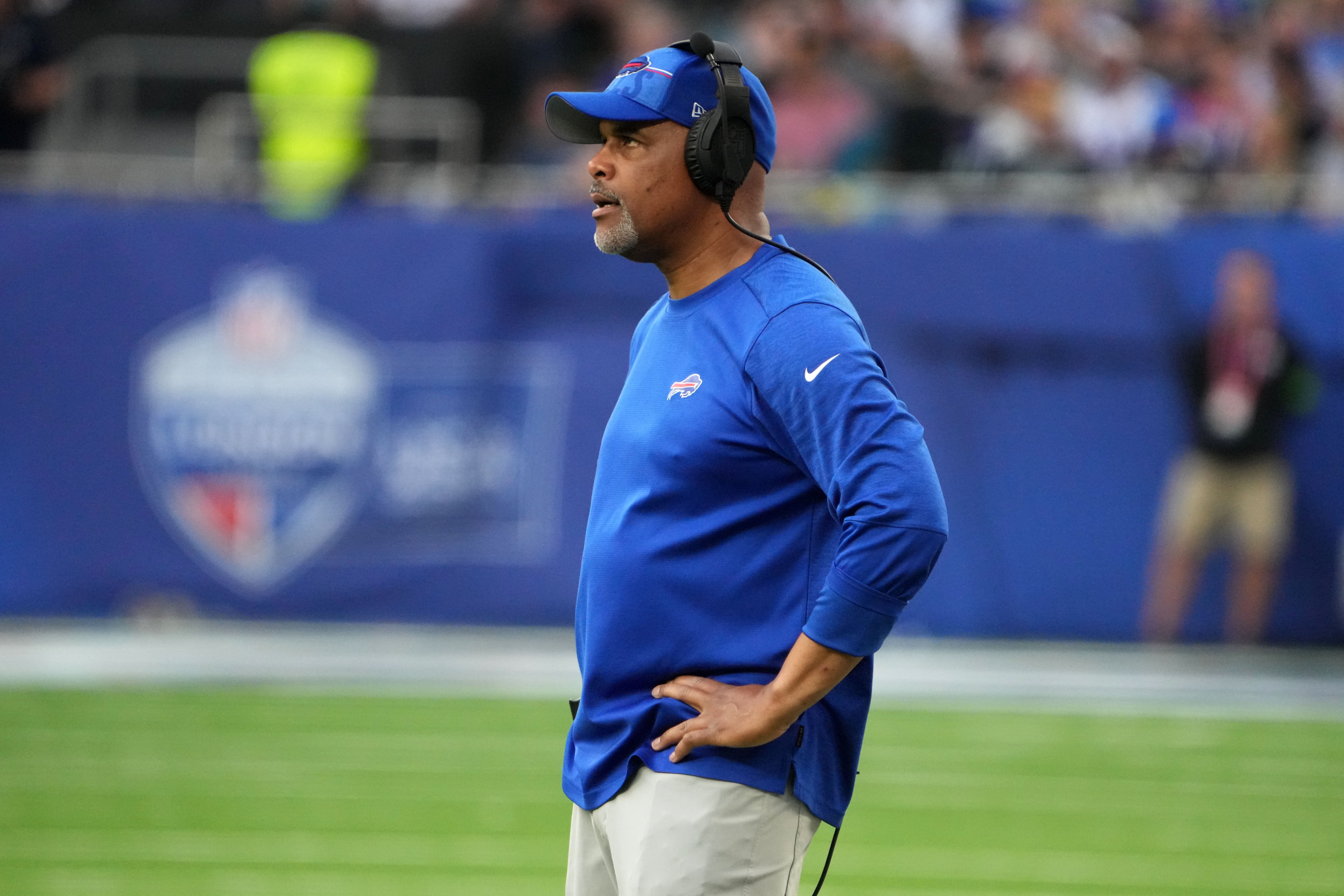 Oct 8, 2023; London United Kingdom, Buffalo Bills defensive line coach Eric Washington reacts in the second half against the Jacksonville Jaguars during an NFL International Series game at Tottenham Hotspur Stadium.