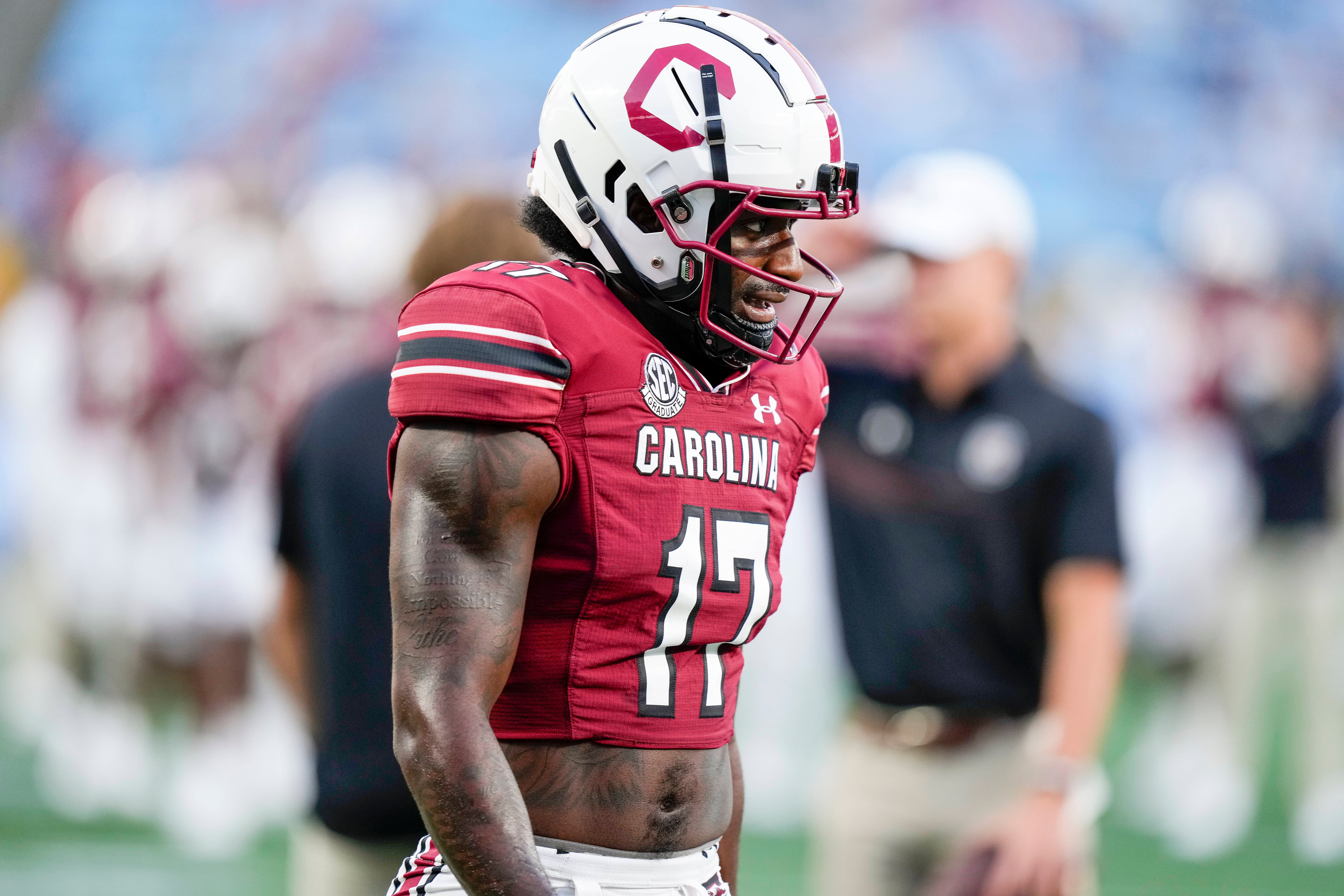 Sep 2, 2023; Charlotte, North Carolina, USA; South Carolina Gamecocks wide receiver Xavier Legette (17) during the first quarter against the North Carolina Tar Heels at Bank of America Stadium. Mandatory Credit: Jim Dedmon-USA TODAY Sports