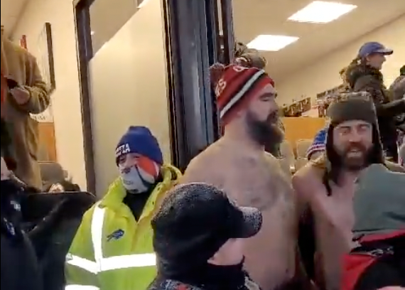 Jason Kelce poses with Bills Mafia at Bills-Chiefs game