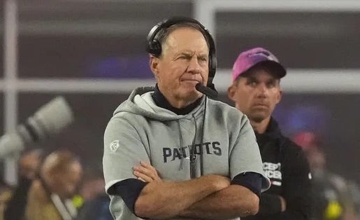 2022: Patriots head coach Bill Belichick look on after a Bears interception in the fourth quarter in which the Bears won, 33-14.