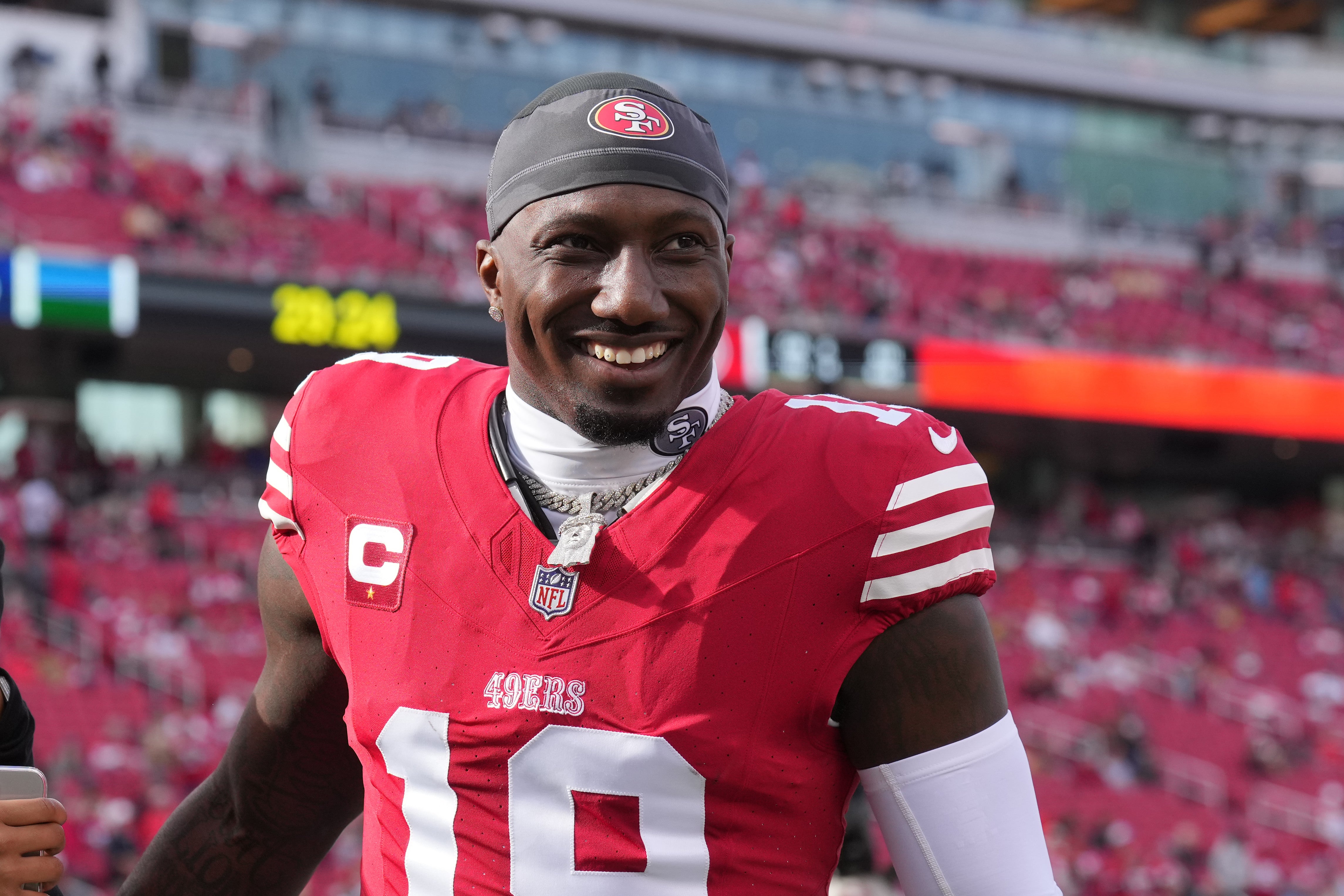 Dec 10, 2023; Santa Clara, California, USA; San Francisco 49ers wide receiver Deebo Samuel (19) walks on the field before the game against the Seattle Seahawks at Levi's Stadium.