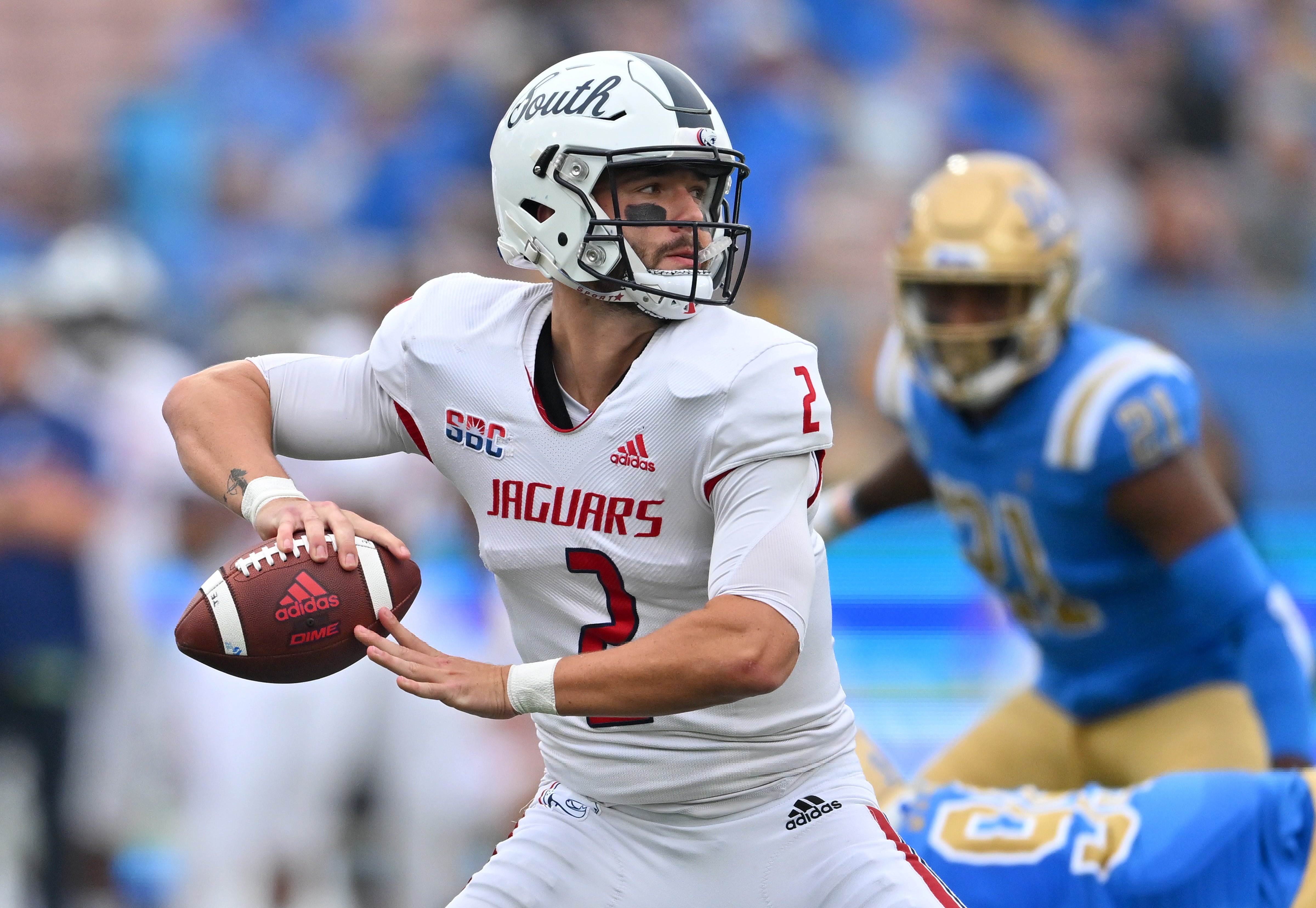Sep 17, 2022; Pasadena, California, USA; South Alabama Jaguars quarterback Carter Bradley (2) sets to pass in the first half against the UCLA Bruins at the Rose Bowl.