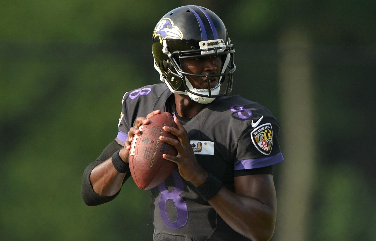 Jul 31, 2016; Owings Mills, MD, USA; Baltimore Ravens quarterback Jerrod Johnson (8) drops back to pass during the morning session of training camp at Under Armour Performance Center. Mandatory Credit: Tommy Gilligan-USA TODAY Sports