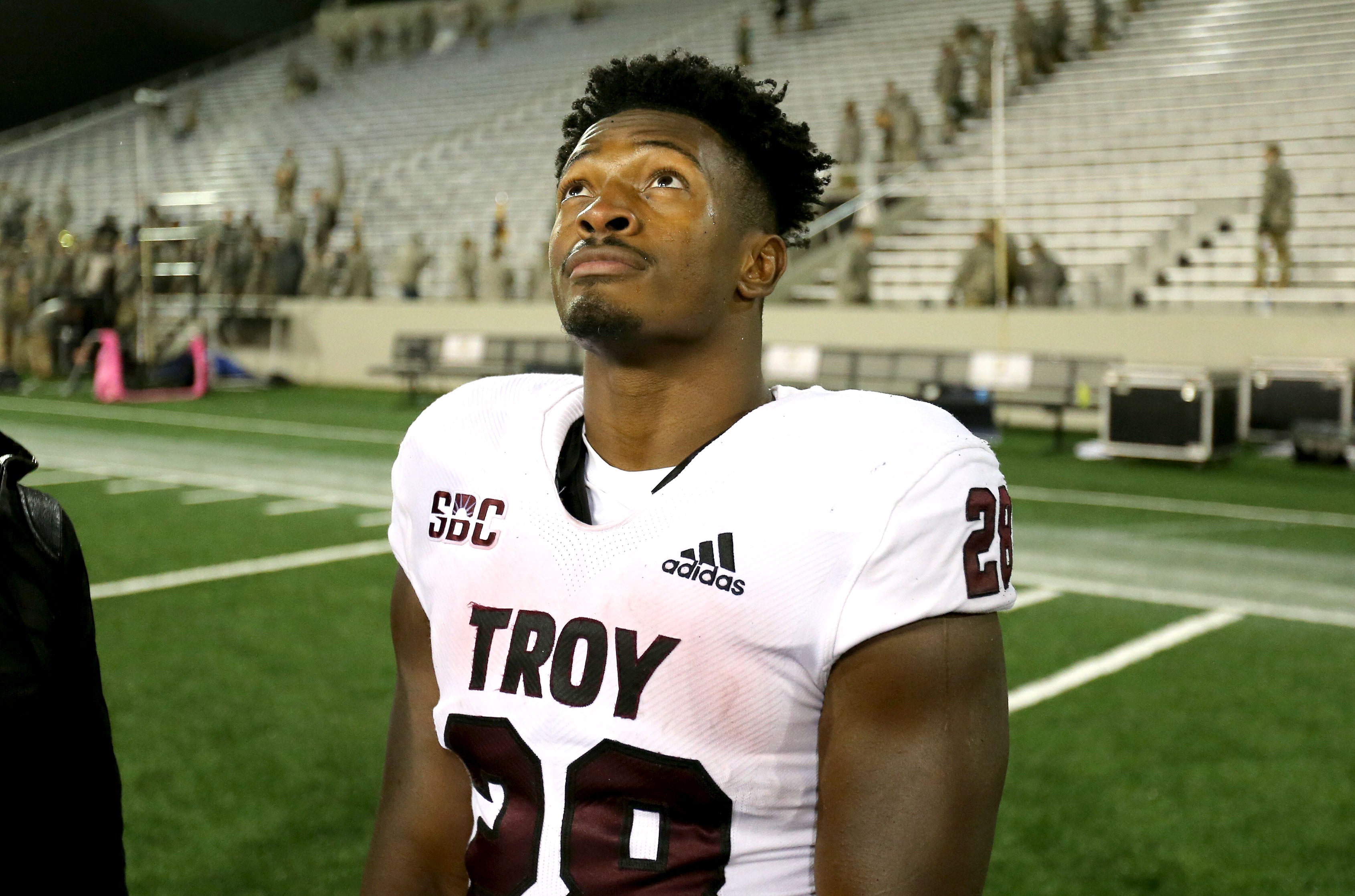Oct 14, 2023; West Point, New York, USA; Troy Trojans running back Kimani Vidal (28) looks to the sky after a 19-0 win against the Army Black Knights at Michie Stadium.