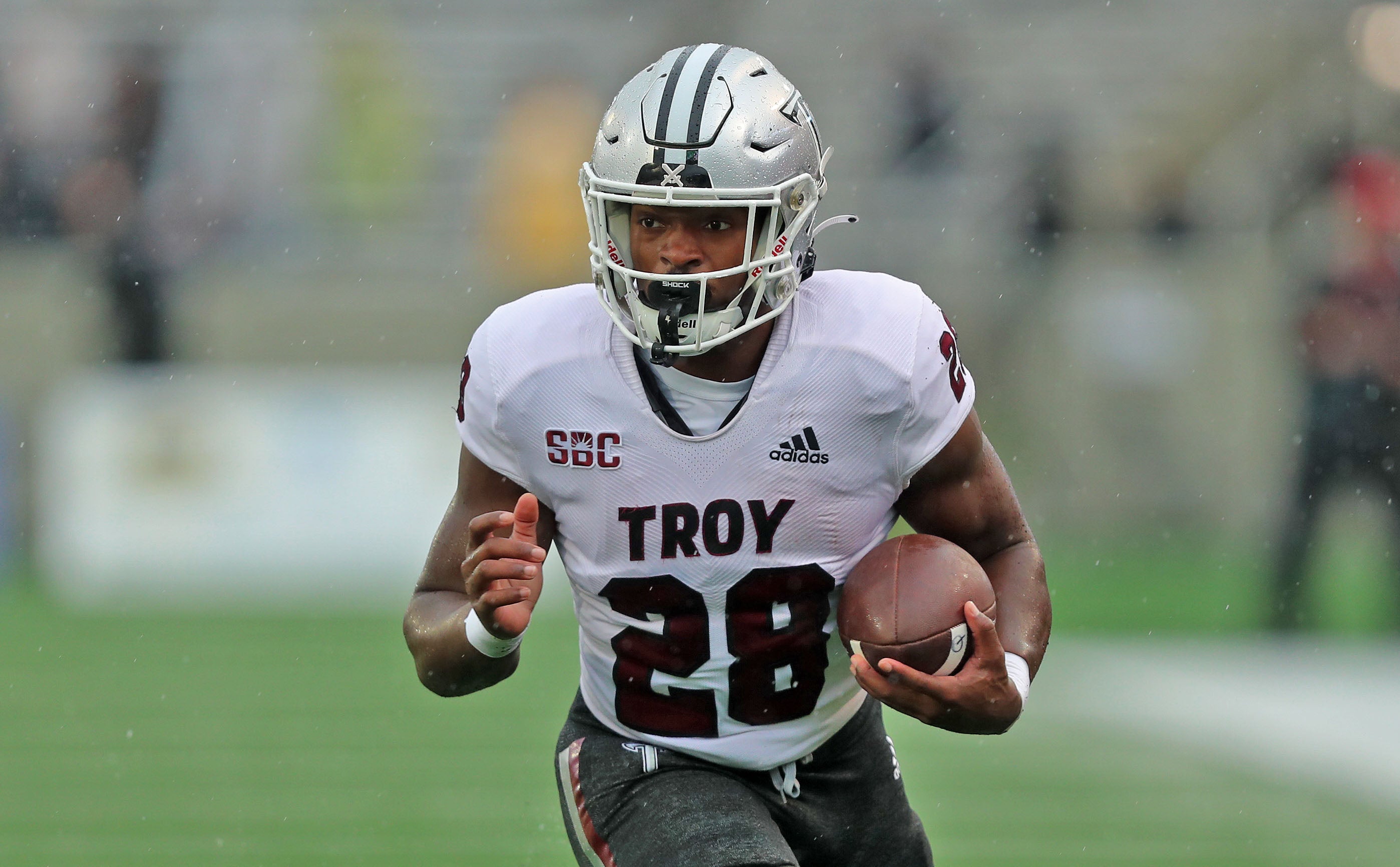Oct 14, 2023; West Point, New York, USA; Troy Trojans running back Kimani Vidal (28) runs with the ball against the Army Black Knights during the first half at Michie Stadium.