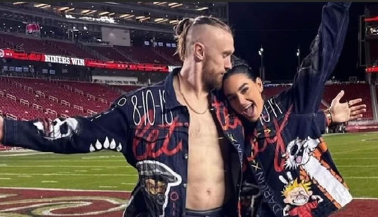 George Kittle and Claire Kittle in custom made outfits by Ty Christian at the 49ers-Packers game