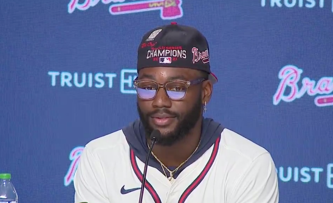Atlanta Braves center fielder Michael Harris II speaks to reporters about who the Atlanta Falcons should draft.