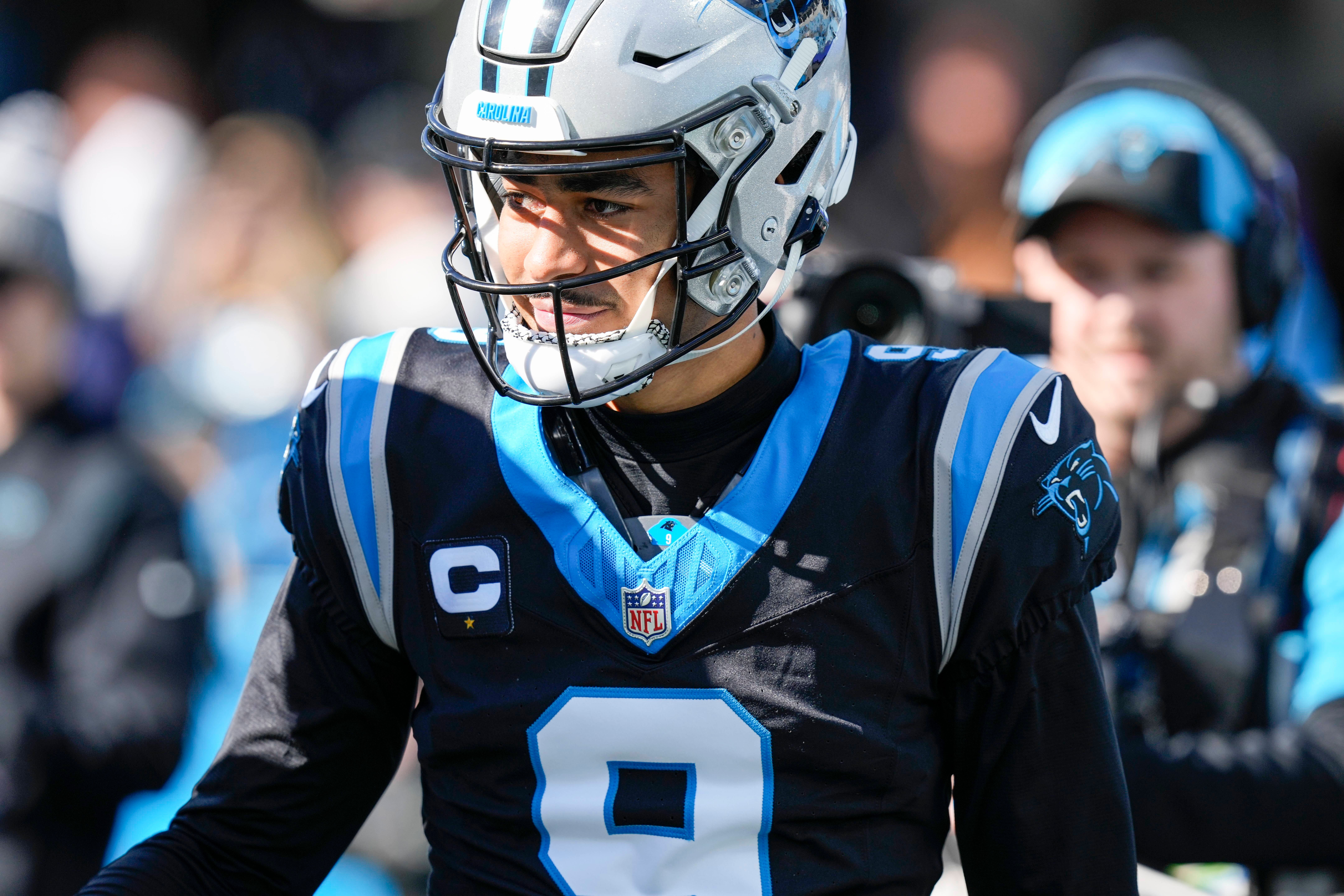 Jan 7, 2024; Charlotte, North Carolina, USA; Carolina Panthers quarterback Bryce Young (9) during pregame warm ups against the Tampa Bay Buccaneers at Bank of America Stadium. Mandatory Credit: Jim Dedmon-USA TODAY Sports