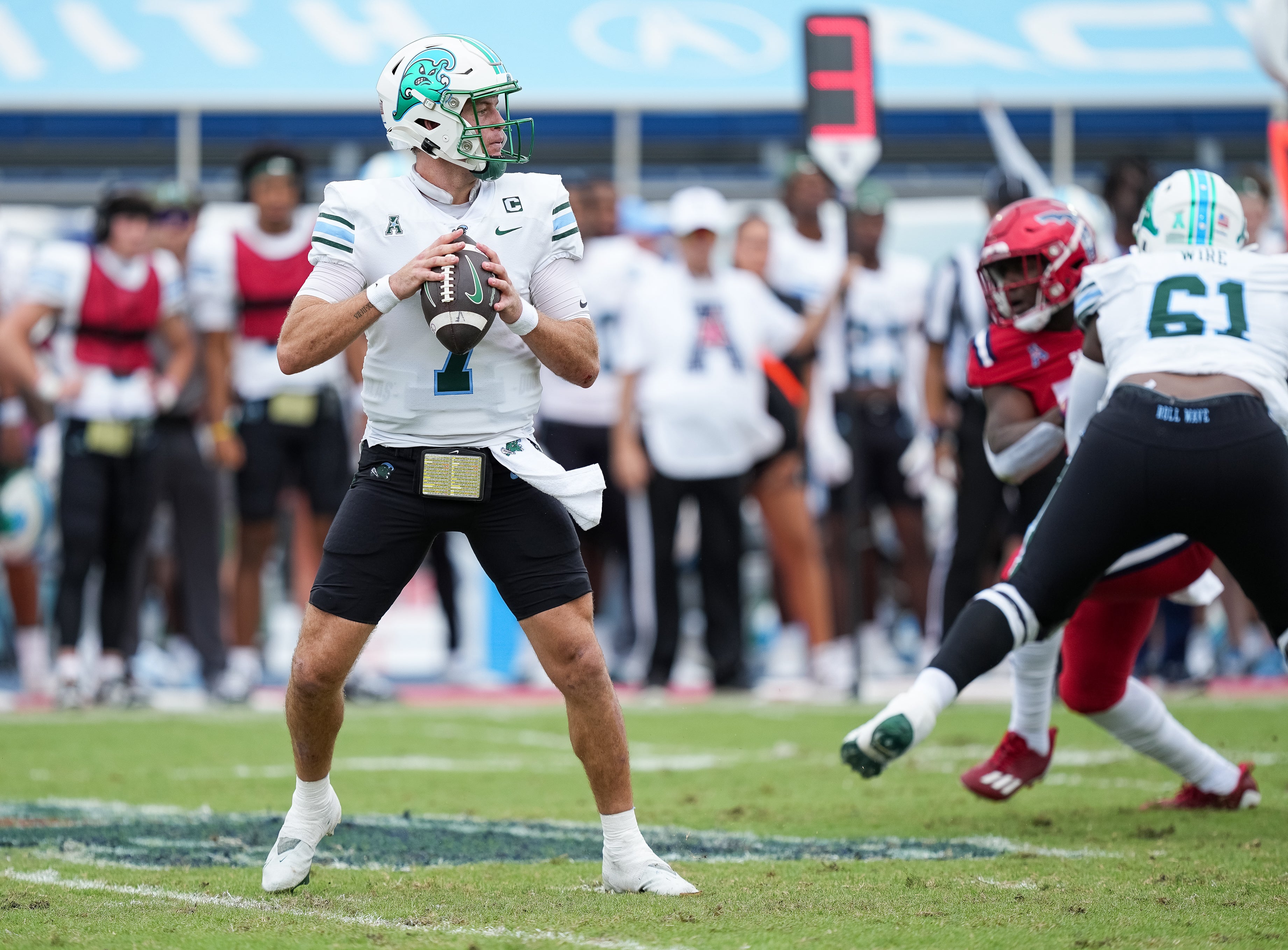 Nov 18, 2023; Boca Raton, Florida, USA; Tulane Green Wave quarterback Michael Pratt (7) drops back to pass against the Florida Atlantic Owls in the first half at FAU Stadium. Mandatory Credit: Jim Rassol-USA TODAY Sports