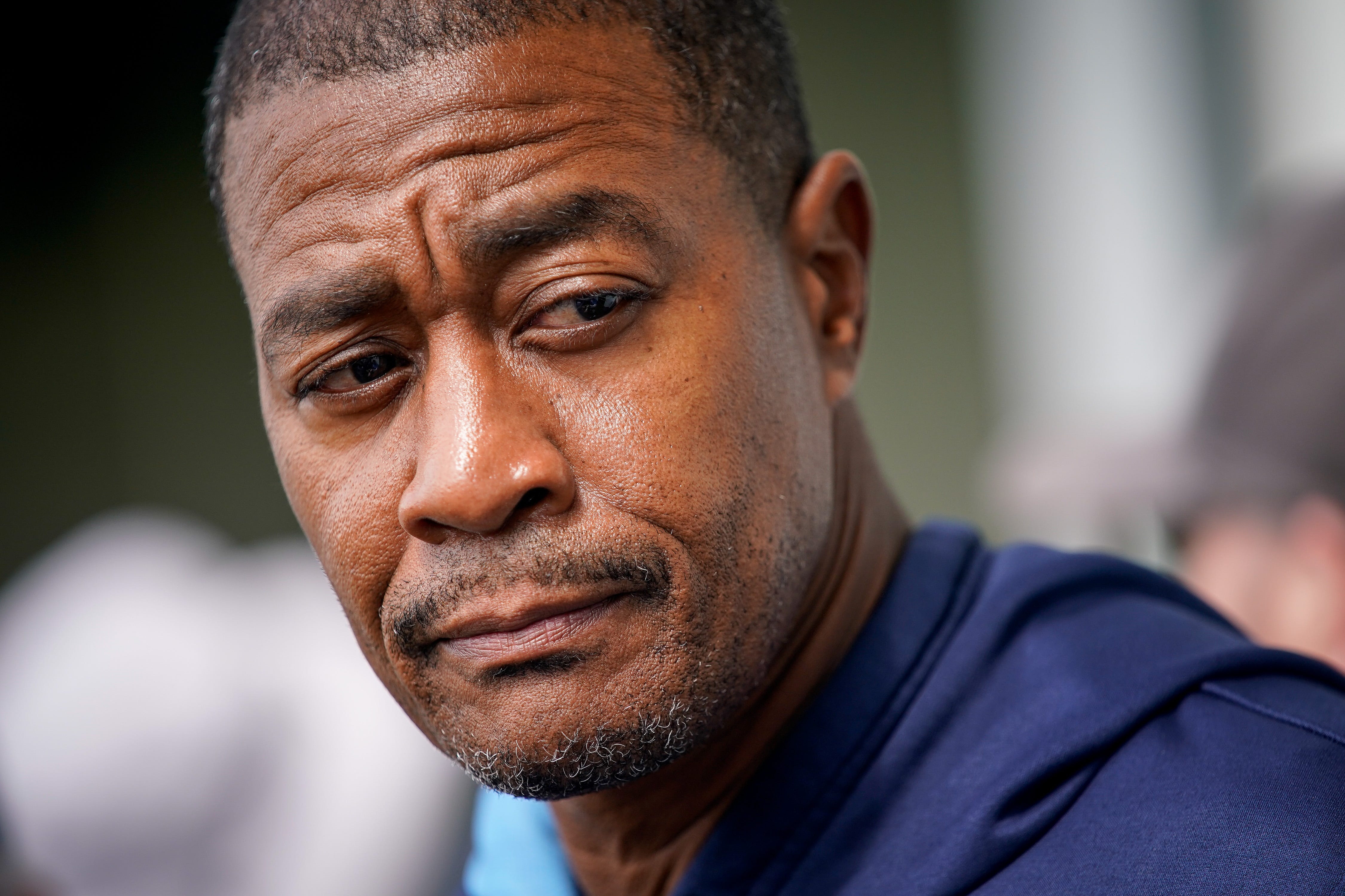Tennessee Titans wide receivers coach Rob Moore speaks before an OTA practice at Ascension Saint Thomas Sports Park in Nashville, Tenn.