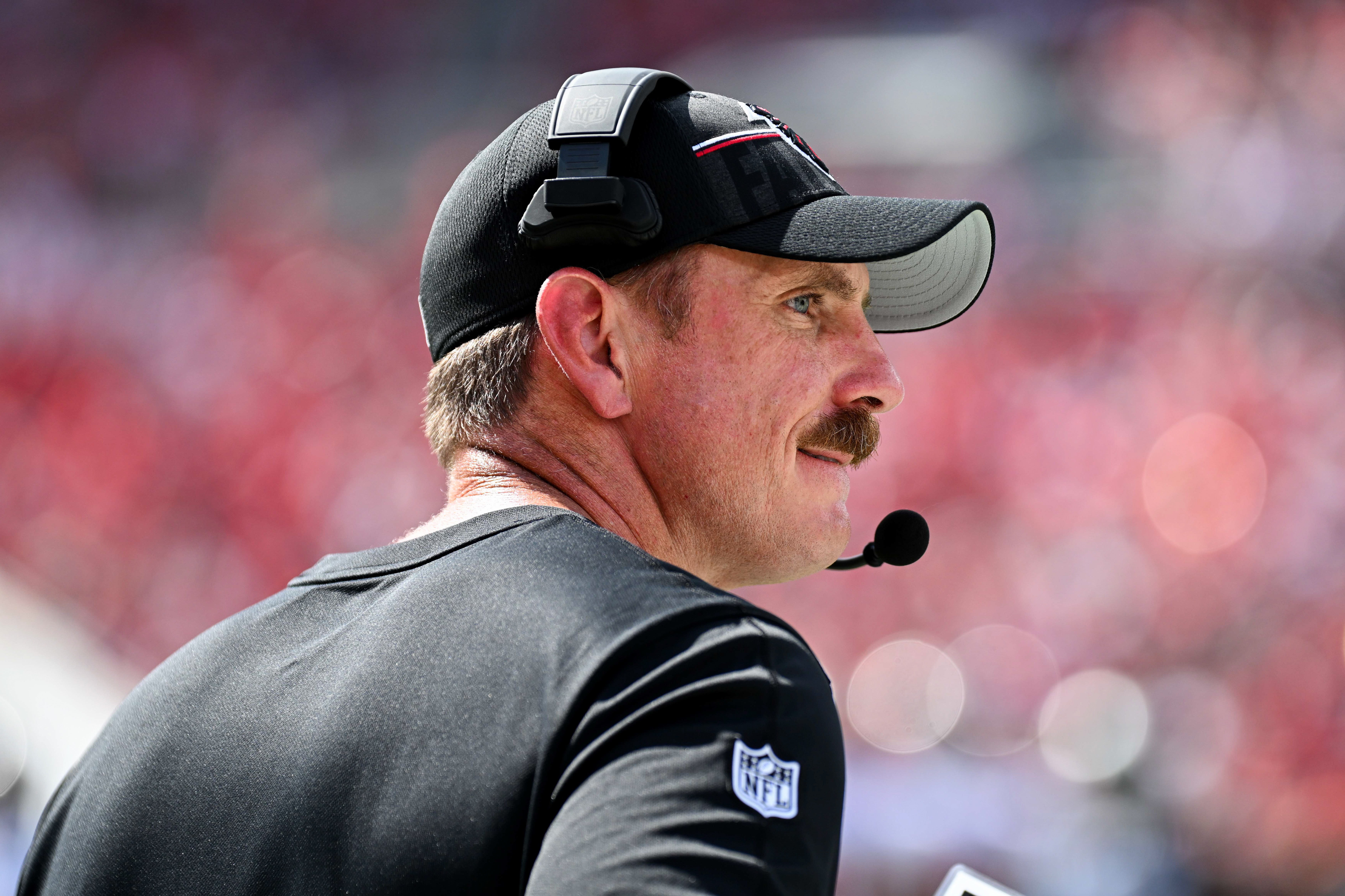 Oct 22, 2023; Tampa, Florida, USA; Atlanta Falcons head coach Arthur Smith looks on in the second quarter against the Tampa Bay Buccaneers at Raymond James Stadium. Mandatory Credit: Jonathan Dyer-USA TODAY Sports