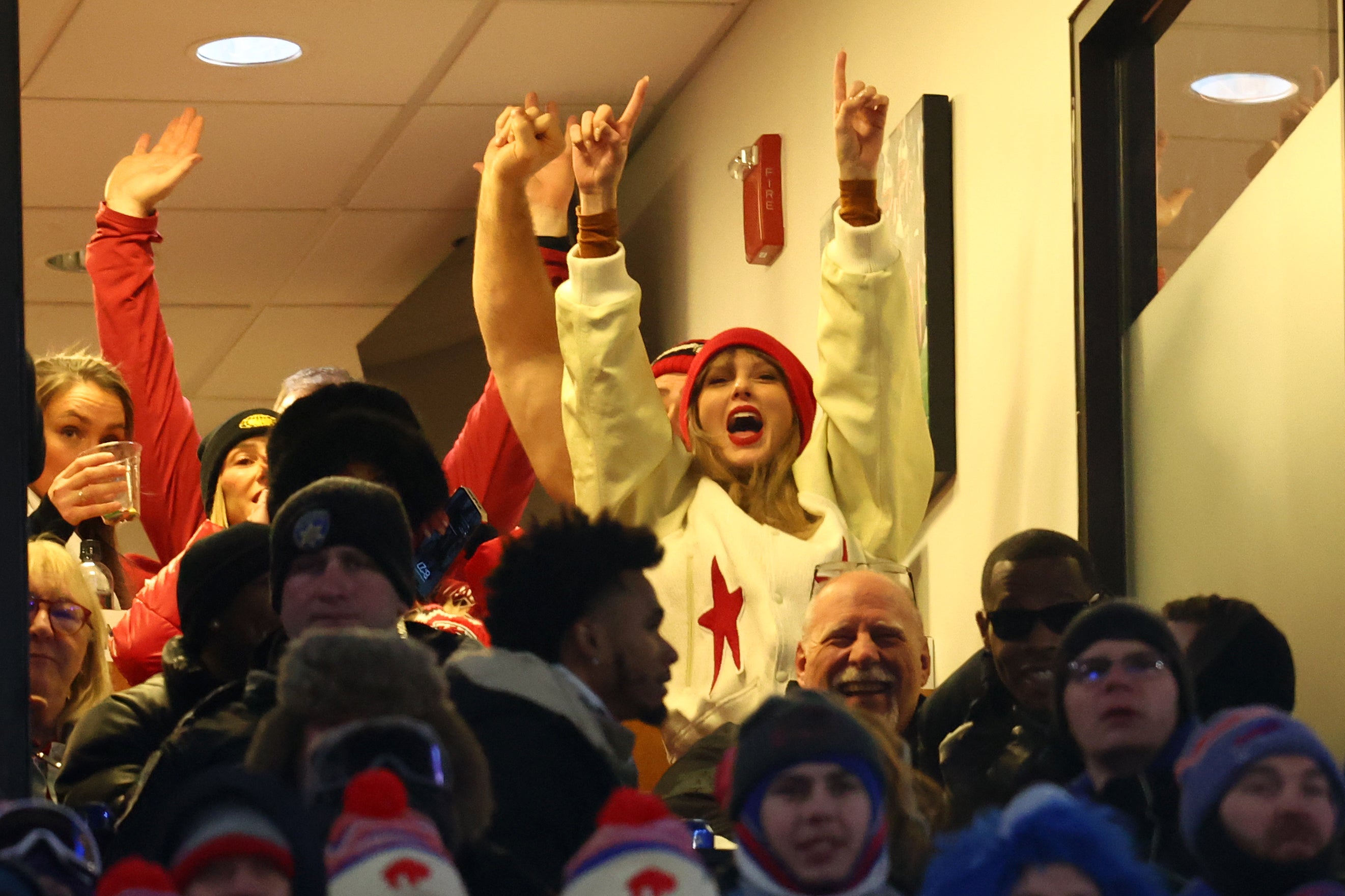 Taylor Swift reacts after Kansas City Chiefs tight end Travis Kelce scores a touchdown in the 2024 AFC divisional round game between against the Buffalo Bills at Highmark Stadium