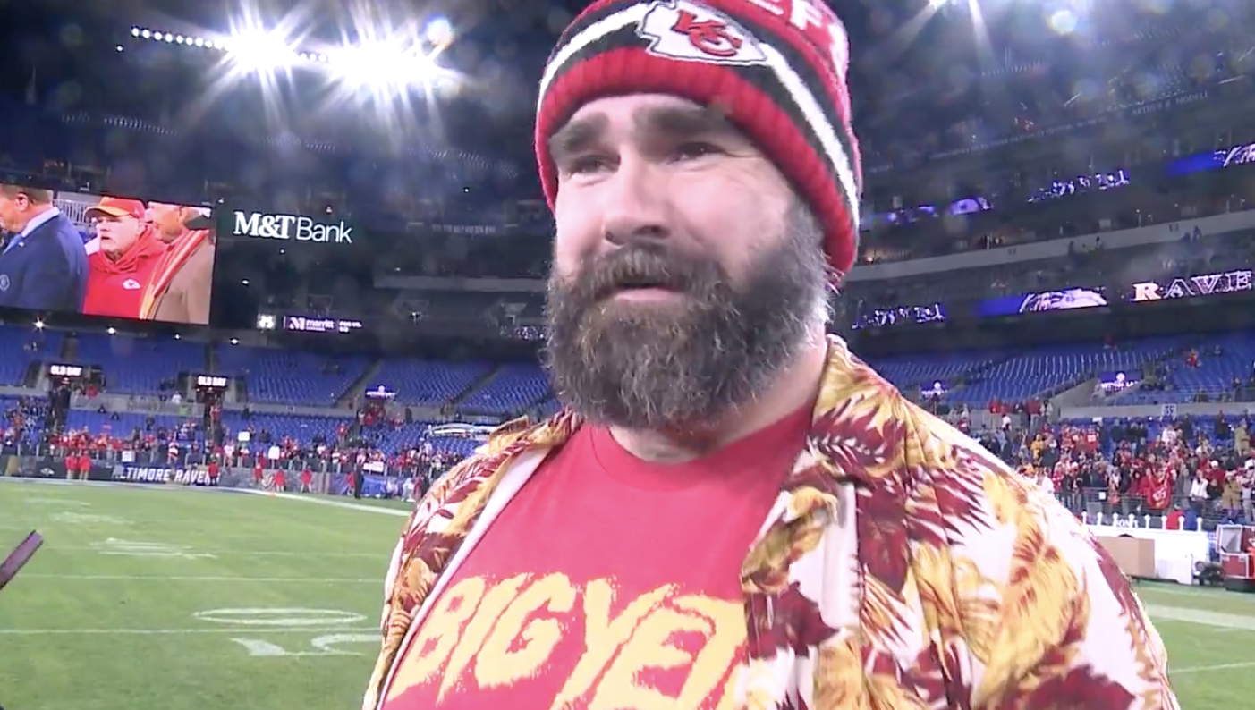 Jason Kelce talks to reporters following Kansas City Chiefs 17-10 AFC Championship win over the Baltimore Ravens