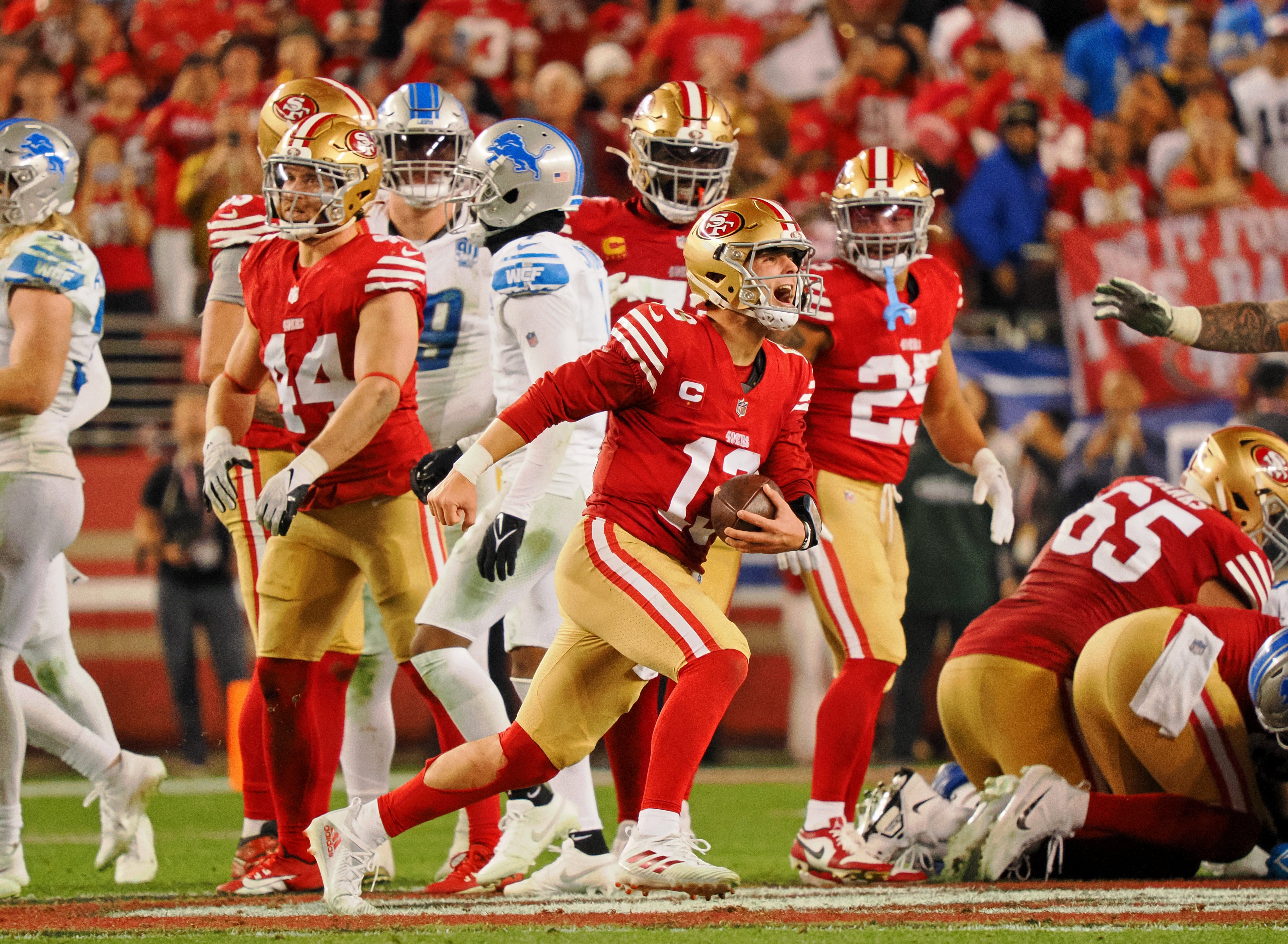 Jan 28, 2024; Santa Clara, California, USA; San Francisco 49ers quarterback Brock Purdy (13) celebrates after winning the NFC Championship football game against the Detroit Lions at Levi's Stadium.
