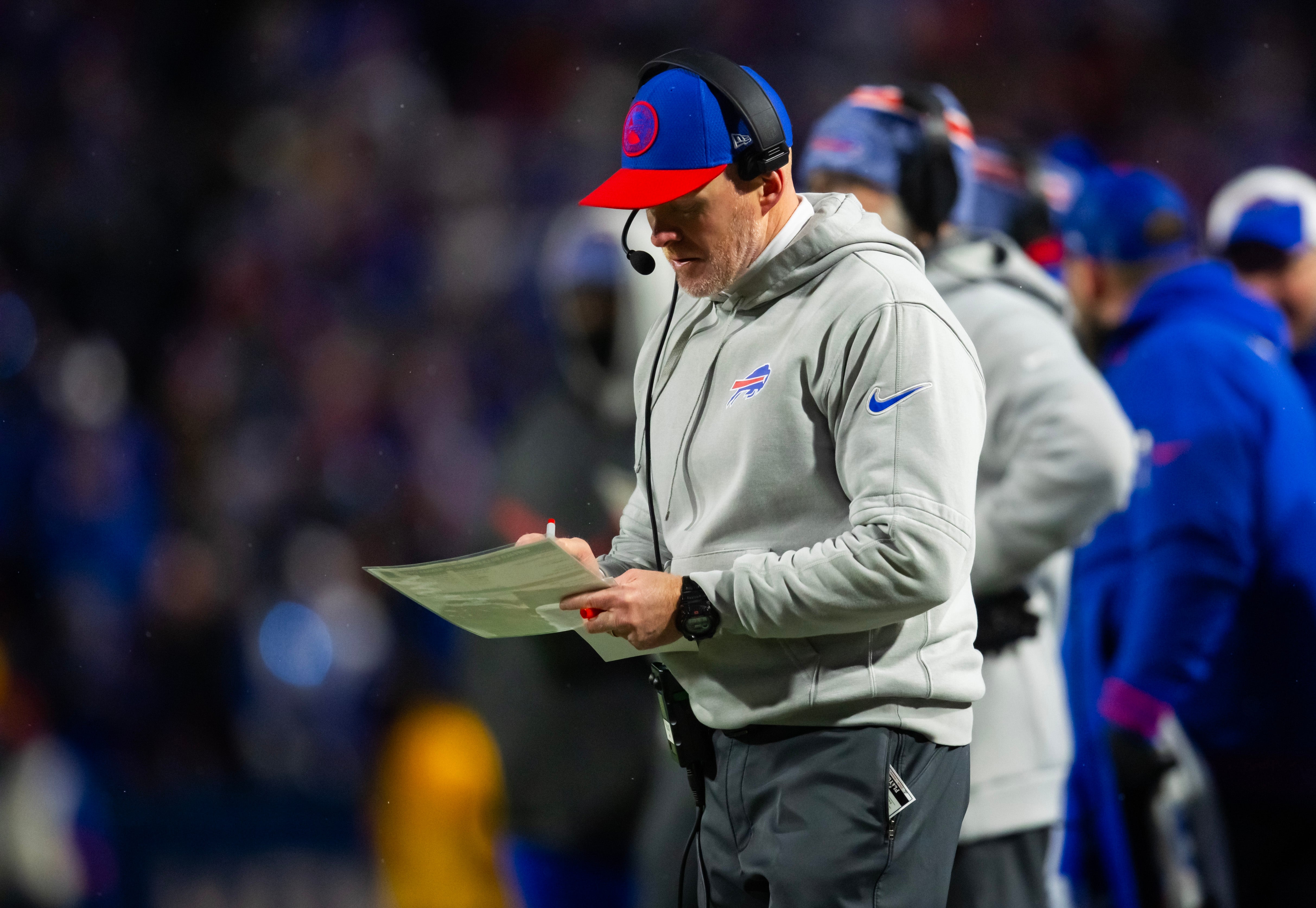 Buffalo Bills head coach Sean McDermott reacts against the Kansas City Chiefs in the 2024 AFC divisional round game at Highmark Stadium.