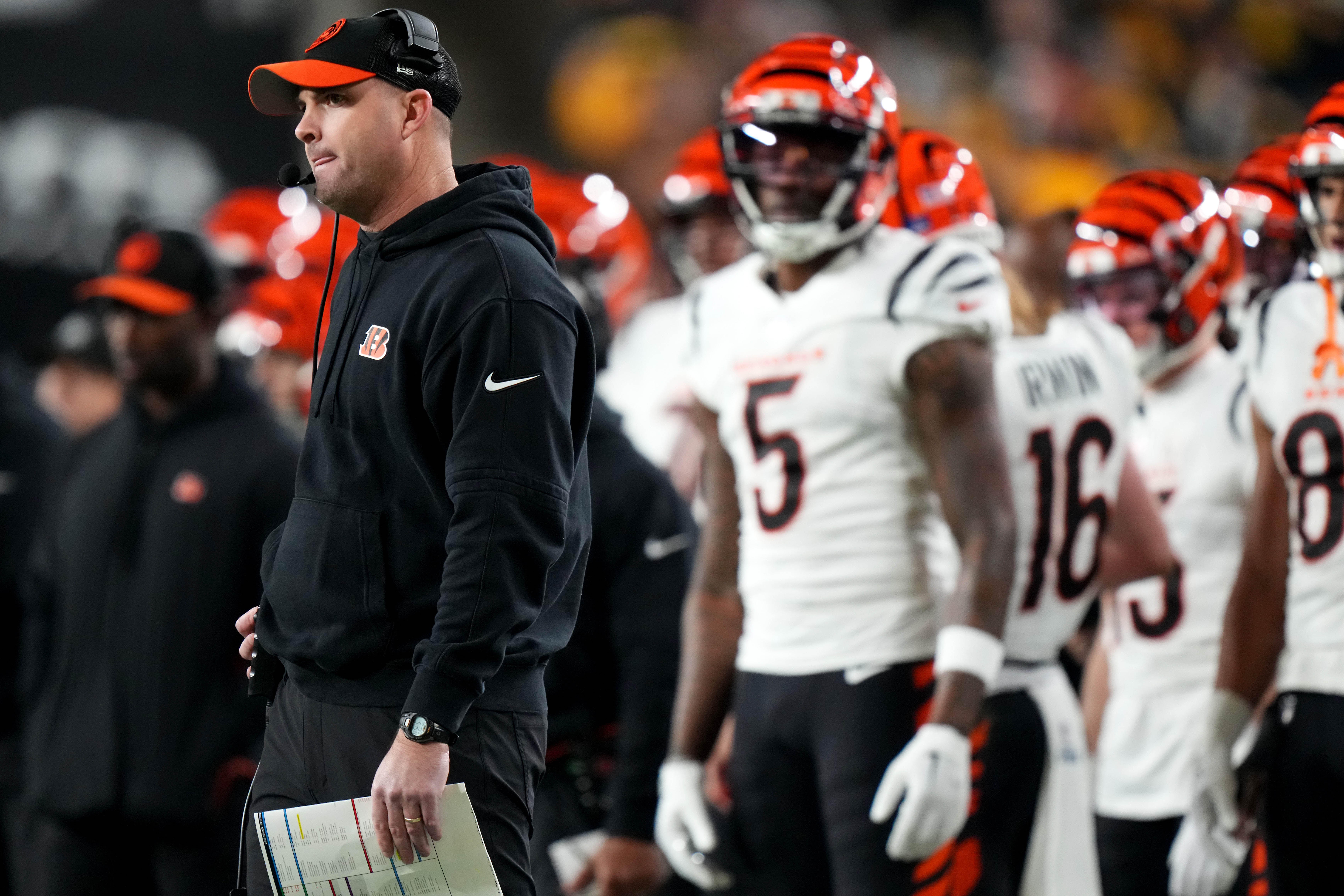 Cincinnati Bengals head coach Zac Taylor waits to throw the challenge flag in the second quarter during a Week 16 NFL football game between the Cincinnati Bengals and the Pittsburgh Steelersl, Saturday, Dec. 23, 2023, at Acrisure Stadium in Pittsburgh, Pa.  