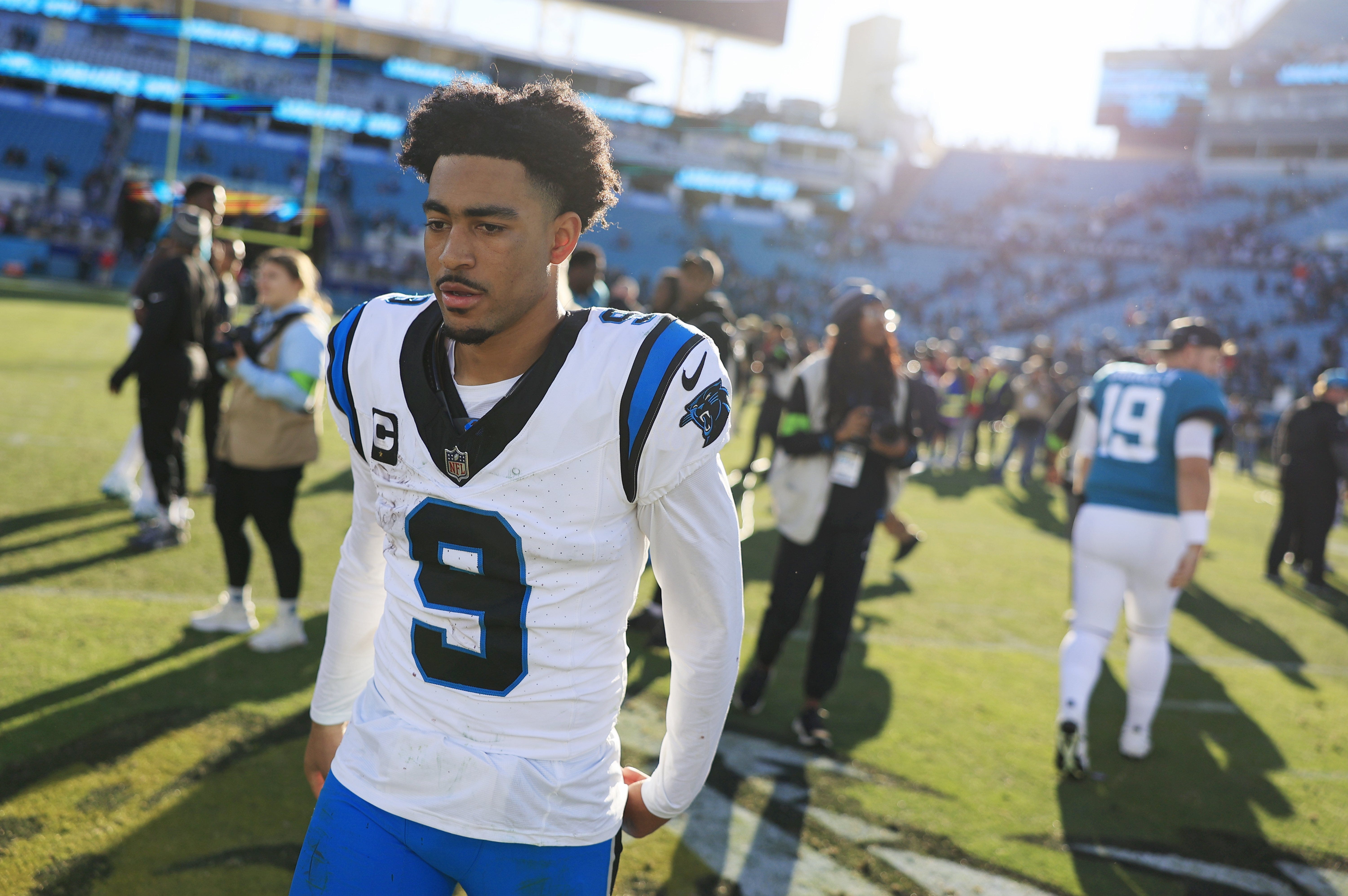 Carolina Panthers quarterback Bryce Young (9) walks off the field after the game of a regular season NFL football matchup Sunday, Dec. 31, 2023 at EverBank Stadium in Jacksonville, Fla. The Jacksonville Jaguars blanked the Carolina Panthers 26-0. [Corey Perrine/Florida Times-Union]