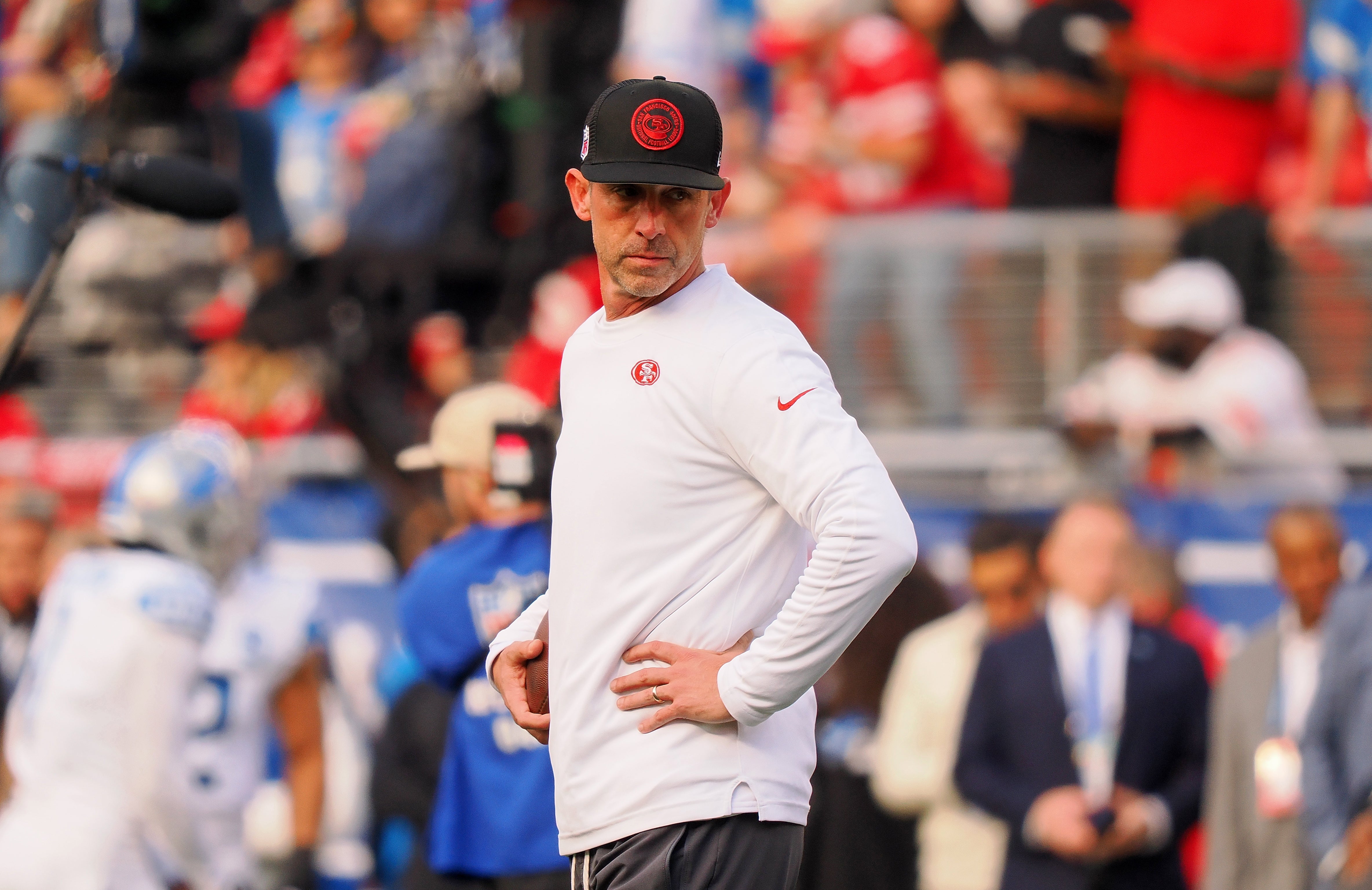 Jan 28, 2024; Santa Clara, California, USA; San Francisco 49ers head coach Kyle Shanahan looks on before the NFC Championship football game against the Detroit Lions at Levi's Stadium.