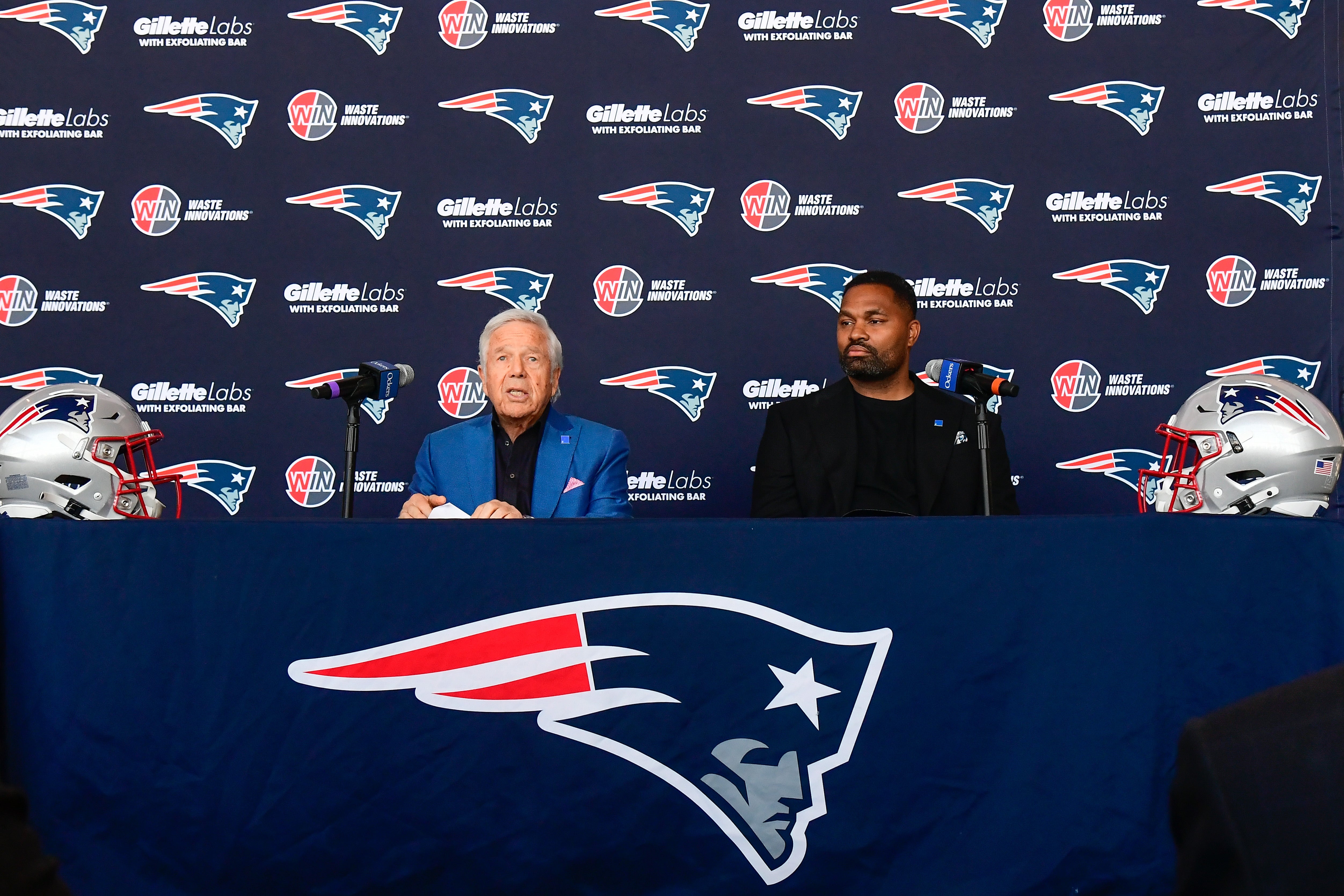 New England Patriots owner Robert Kraft announces the hiring of head coach Jerod Mayo at Gillette Stadium
