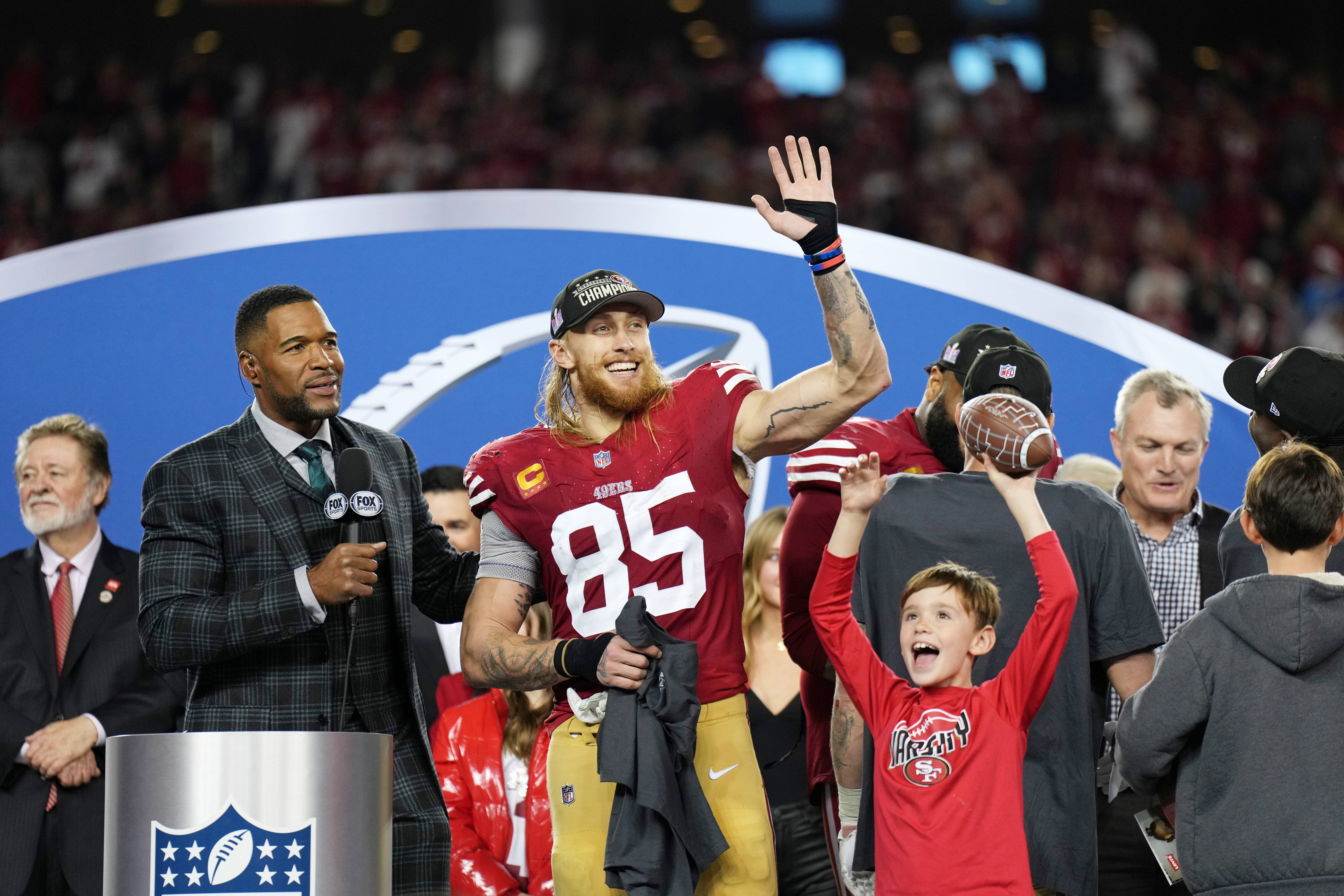 Jan 28, 2024; Santa Clara, California, USA; San Francisco 49ers tight end George Kittle (85) celebrates after winning the NFC Championship football game against the Detroit Lions at Levi's Stadium.