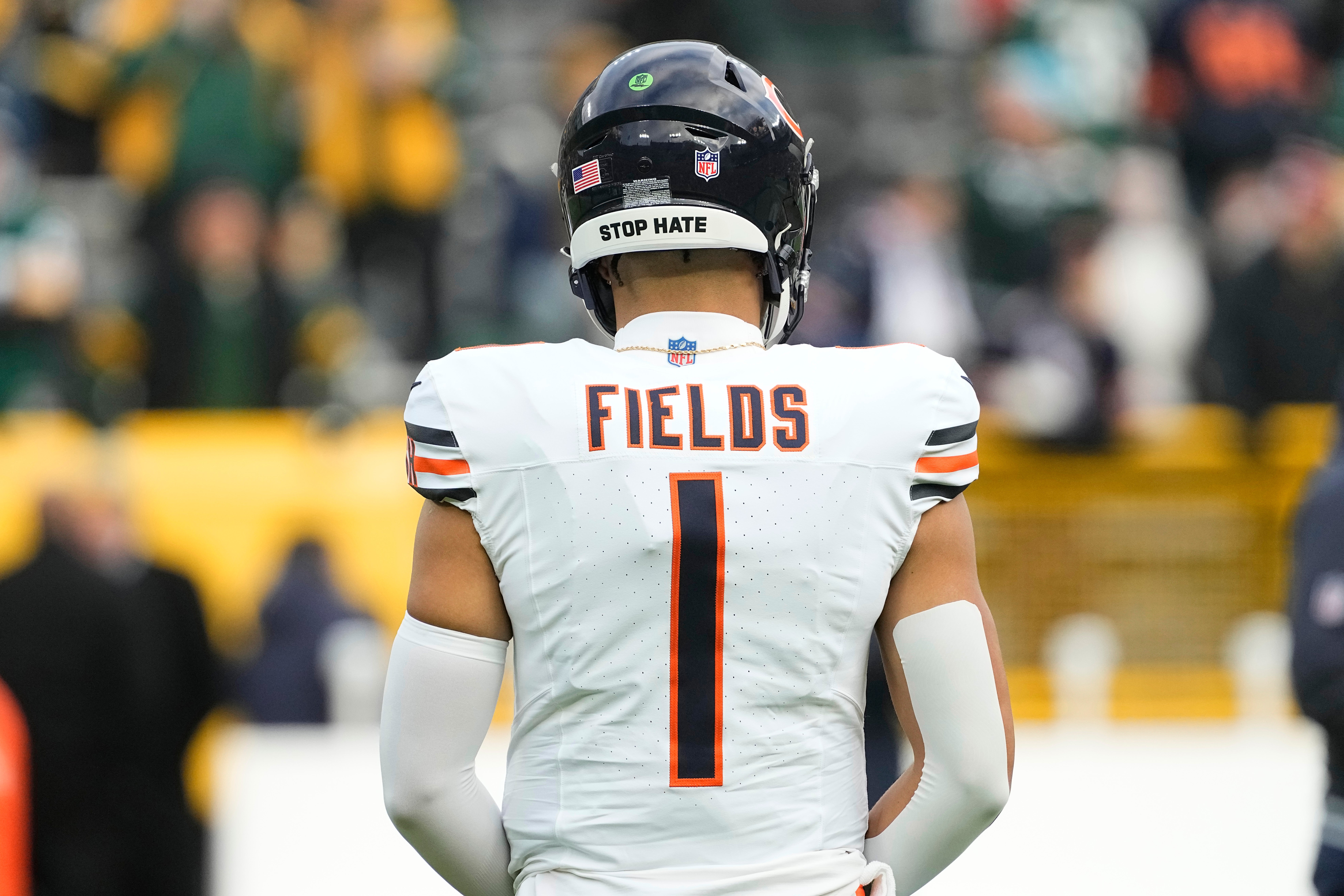 Jan 7, 2024; Green Bay, Wisconsin, USA; Chicago Bears quarterback Justin Fields (1) during warmups prior to the game against the Green Bay Packers at Lambeau Field.