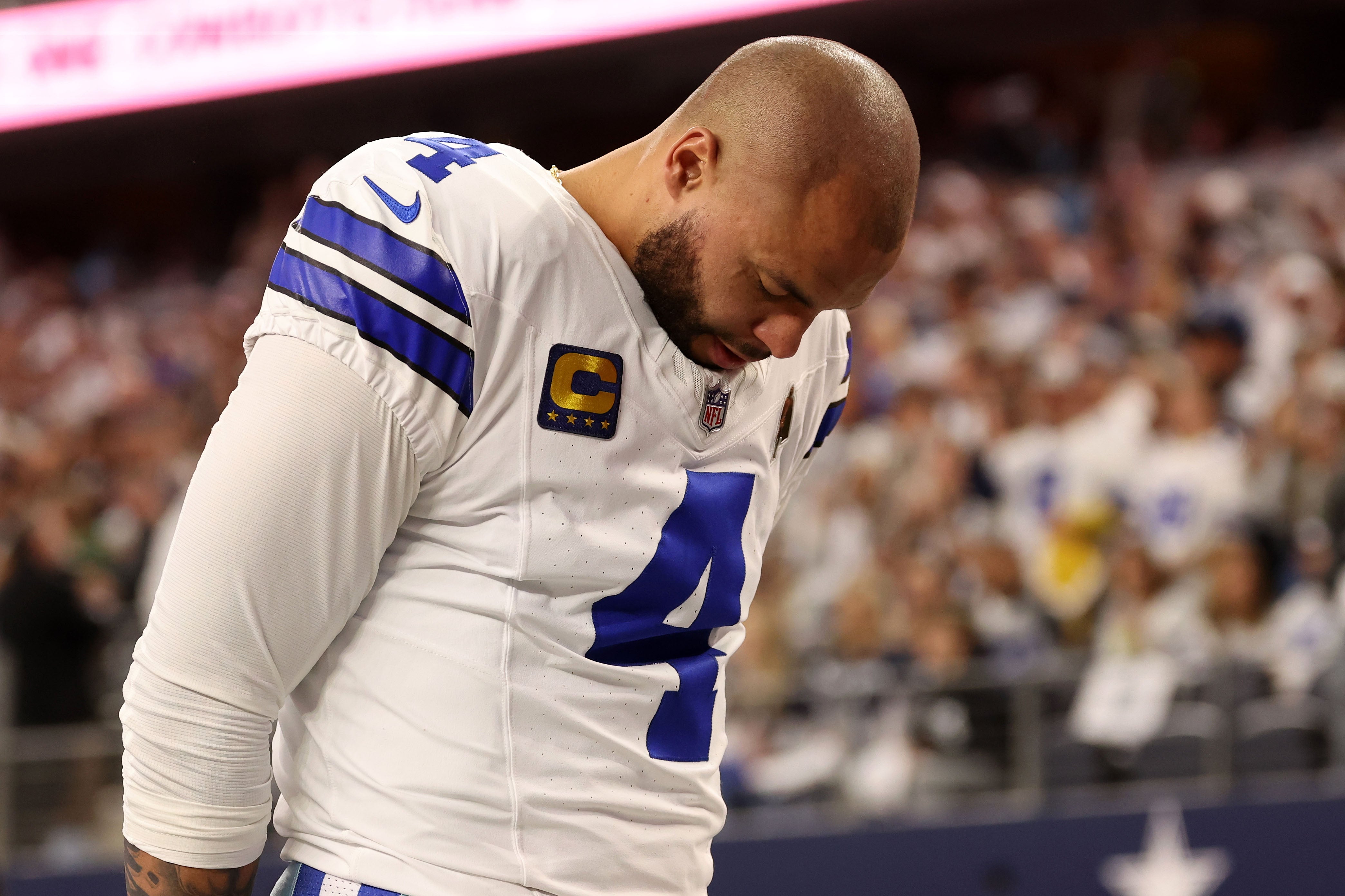 Dallas Cowboys quarterback Dak Prescott (4) before the 2024 NFC wild card game against the Green Bay Packers at AT&T Stadium.