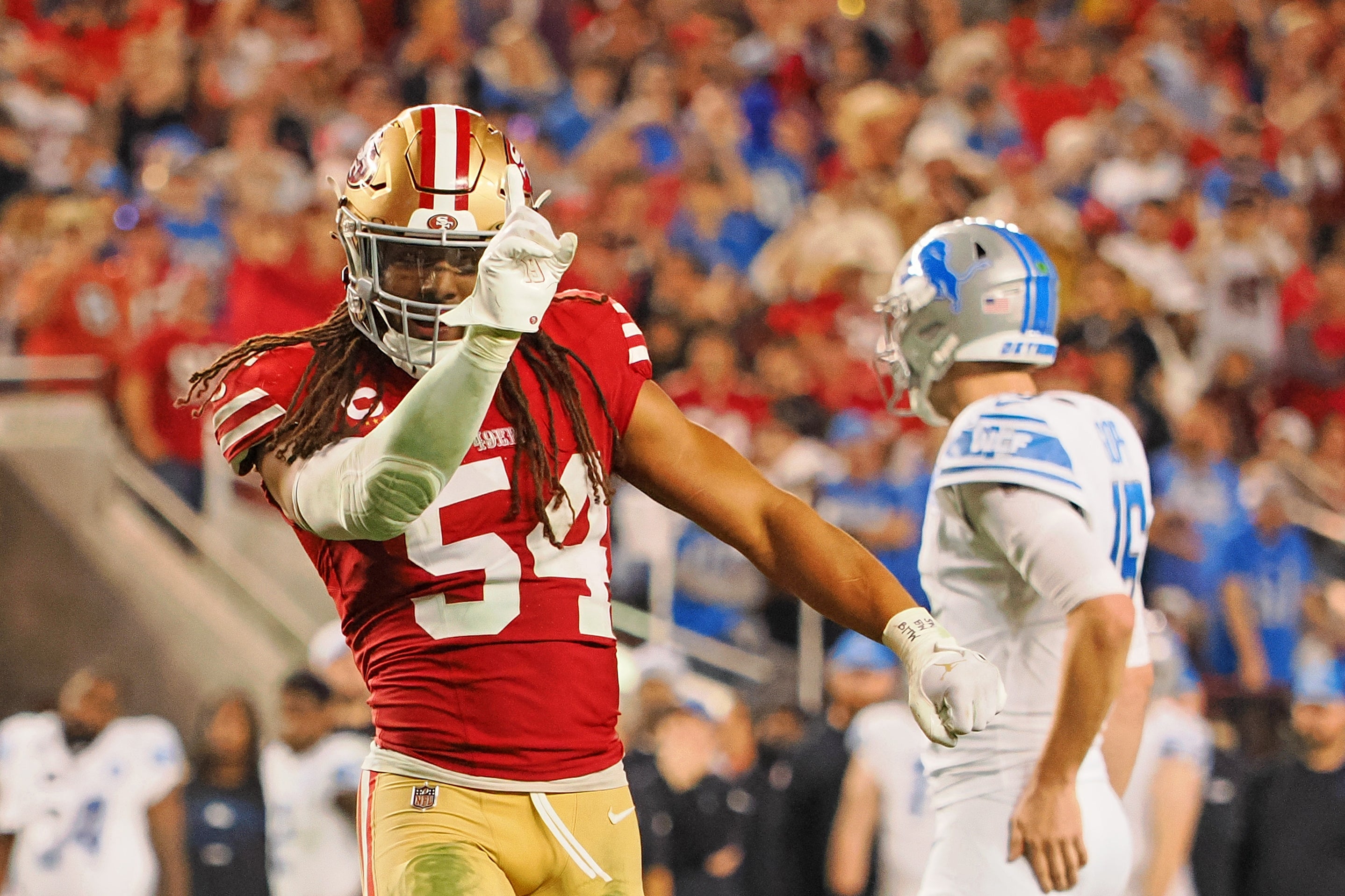Jan 28, 2024; Santa Clara, California, USA; San Francisco 49ers linebacker Fred Warner (54) reacts after a play against the Detroit Lions during the second half of the NFC Championship football game at Levi's Stadium.