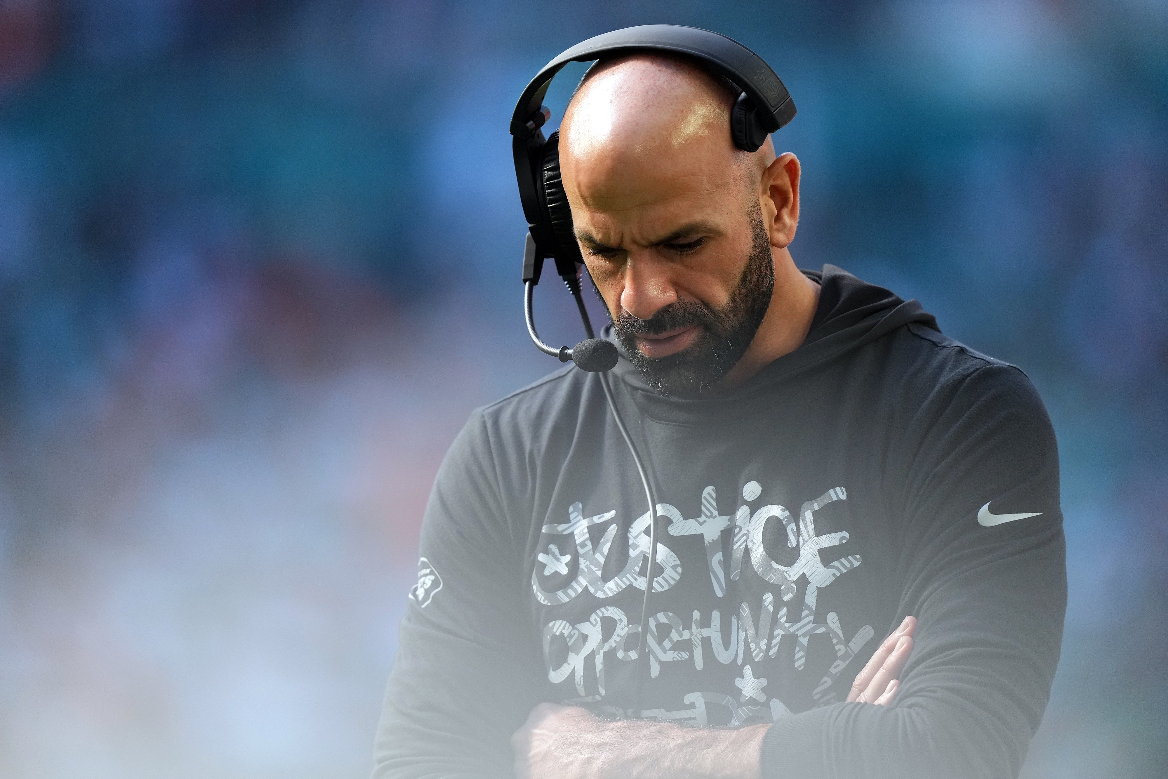 New York Jets head coach Robert Saleh walks down the sideline during the first half against the Miami Dolphins at Hard Rock Stadium.