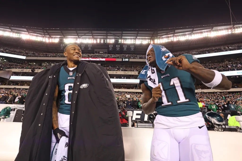 Philadelphia Eagles head coach Nick Sirianni Philadelphia Eagles wide receiver DeVonta Smith (6) and wide receiver A.J. Brown (11) after win against the San Francisco 49ers in the NFC Championship game.