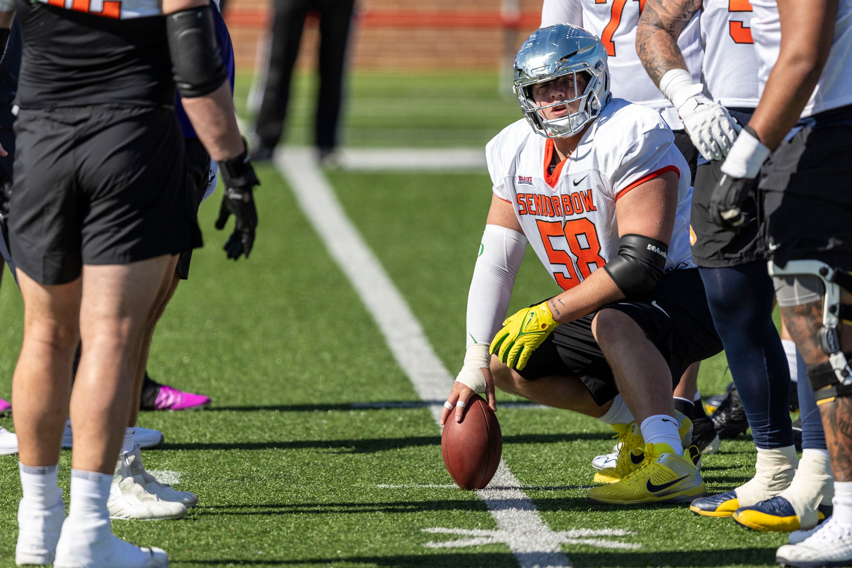 Oregon center Jackson Powers-Johnson pre-snap at the Senior Bowl in Mobile, Alabama