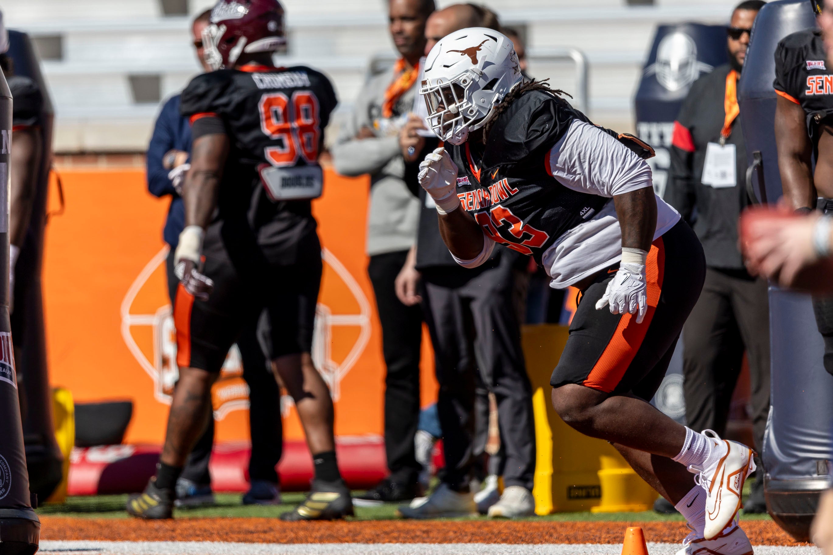 American defensive lineman T'Vondre Sweat of Texas (93) works through a defensive drill during practice for the American team at Hancock Whitney Stadium.