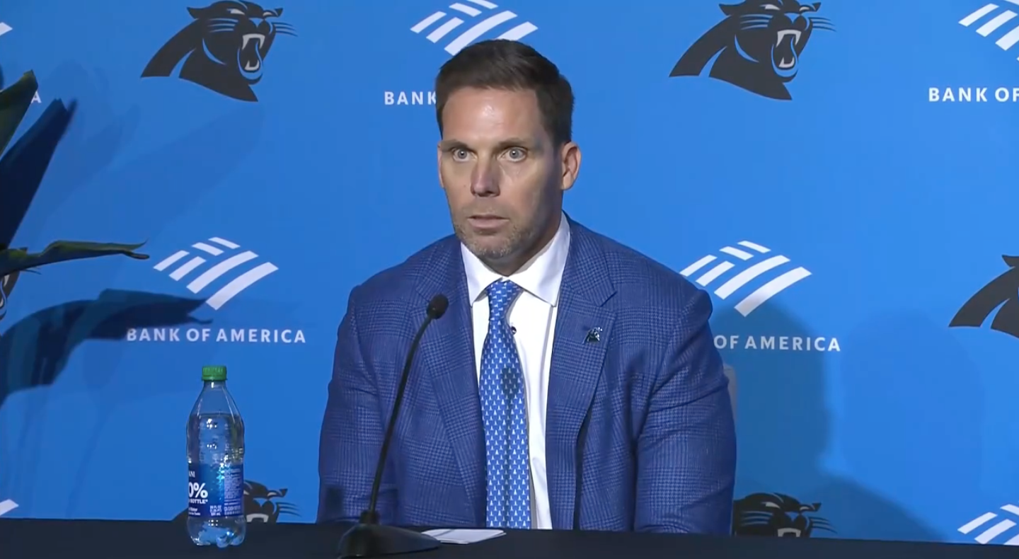 Dan Morgan and Dave Canales address the media at Bank of America Stadium in an introductory press conference on Thursday, Feb. 1, 2024.